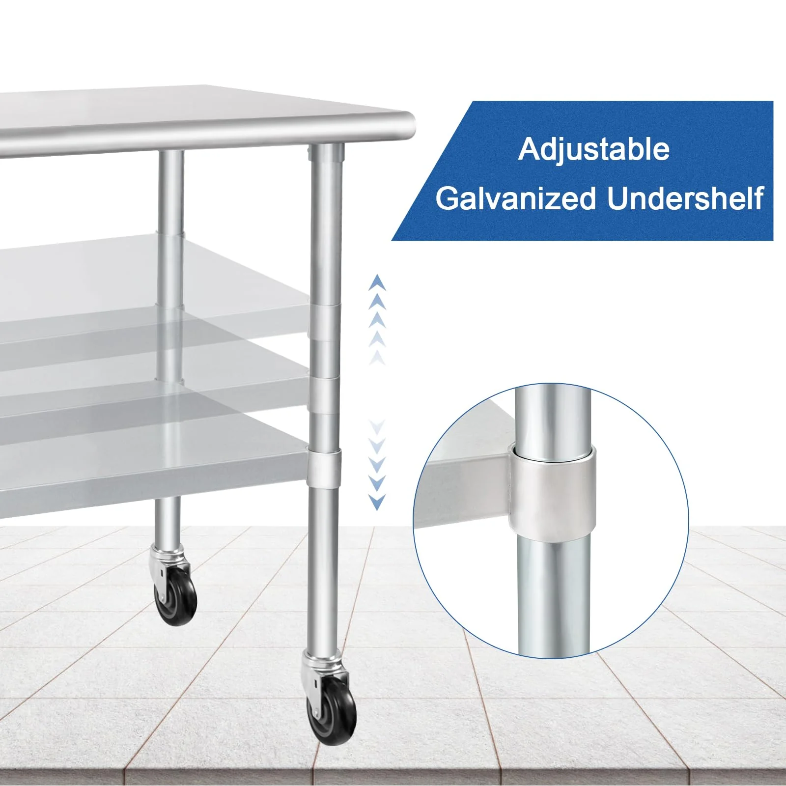 HARDURA Stainless Steel Table with Wheels 30 x 72 Inches Casters NSF Heavy Duty Commercial Prep Table with Undershelf and Galvanized Legs for Food Prep - Image 6