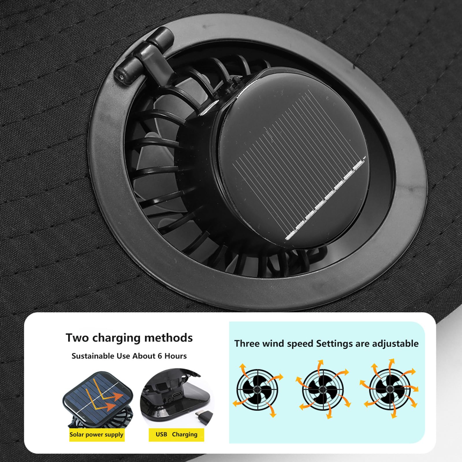 Hat with Fans Solar Power, Solar Fan Hat for Men Women, 2 Solar Fan Sun & USB Charging Sombrero Con Ventilador Solar (US, Alpha, One Size, Large, Petite Plus Size, Black) - Image 3