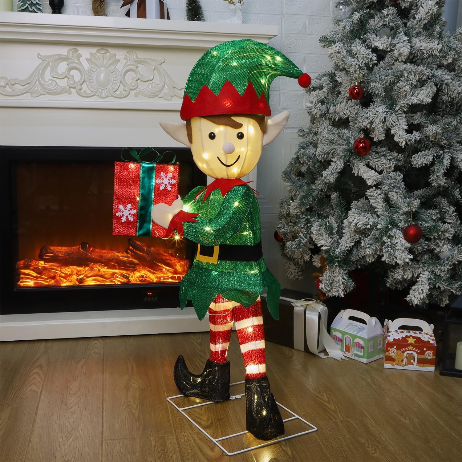 Hausse Lighted Christmas Outdoor Decor, 38" Height Pre-Lit 3D Tinsel Xmas Green Elf Figure, Light Up Xmas Yard Displays, Plug in for Holiday Party New Year Winter Patio Lawn Garden - Image 5