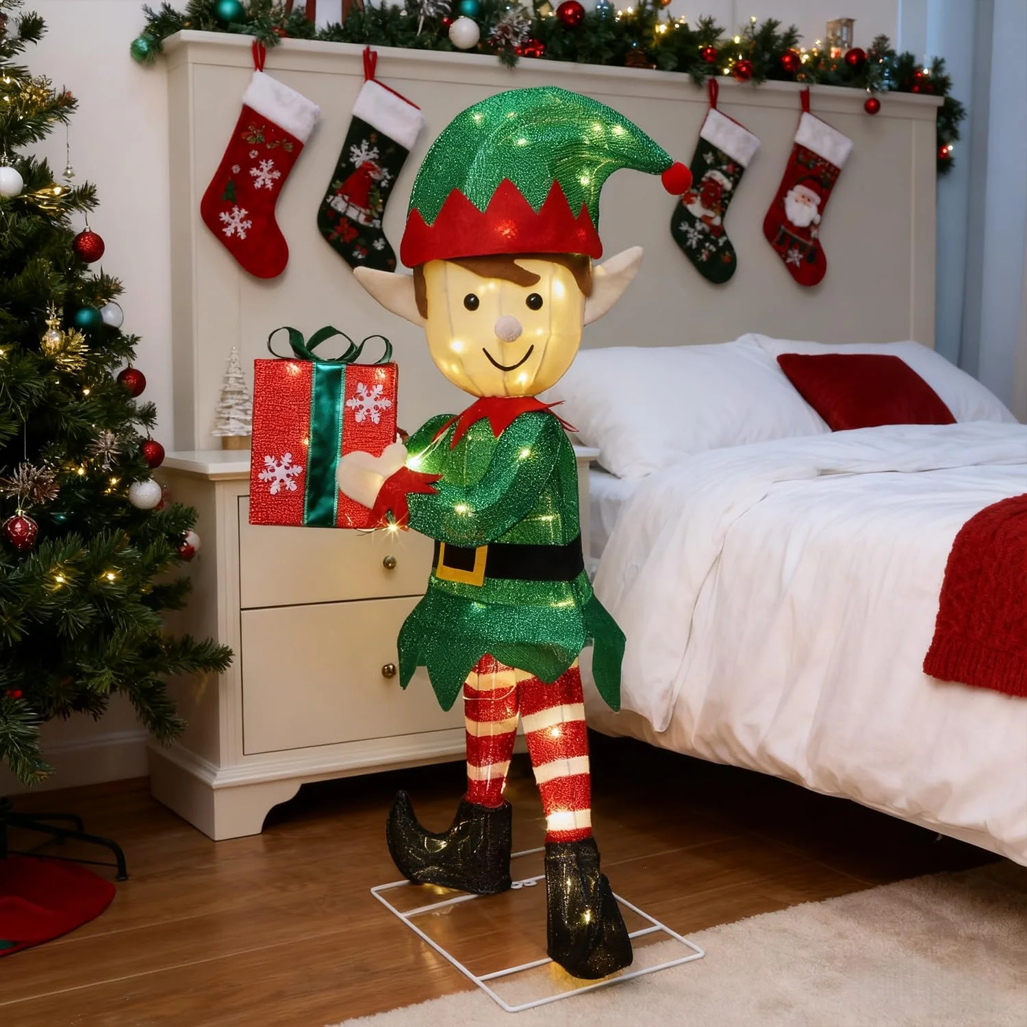 Hausse Lighted Christmas Outdoor Decor, 38" Height Pre-Lit 3D Tinsel Xmas Green Elf Figure, Light Up Xmas Yard Displays, Plug in for Holiday Party New Year Winter Patio Lawn Garden - Image 7