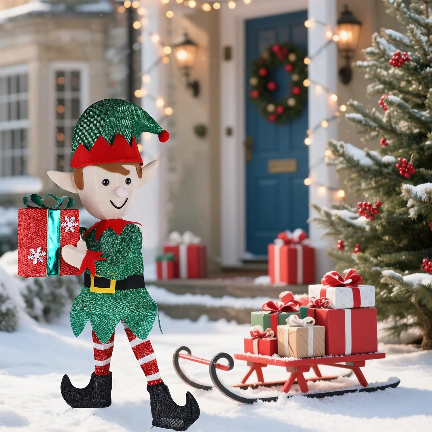 Hausse Lighted Christmas Outdoor Decor, 38" Height Pre-Lit 3D Tinsel Xmas Green Elf Figure, Light Up Xmas Yard Displays, Plug in for Holiday Party New Year Winter Patio Lawn Garden - Image 2