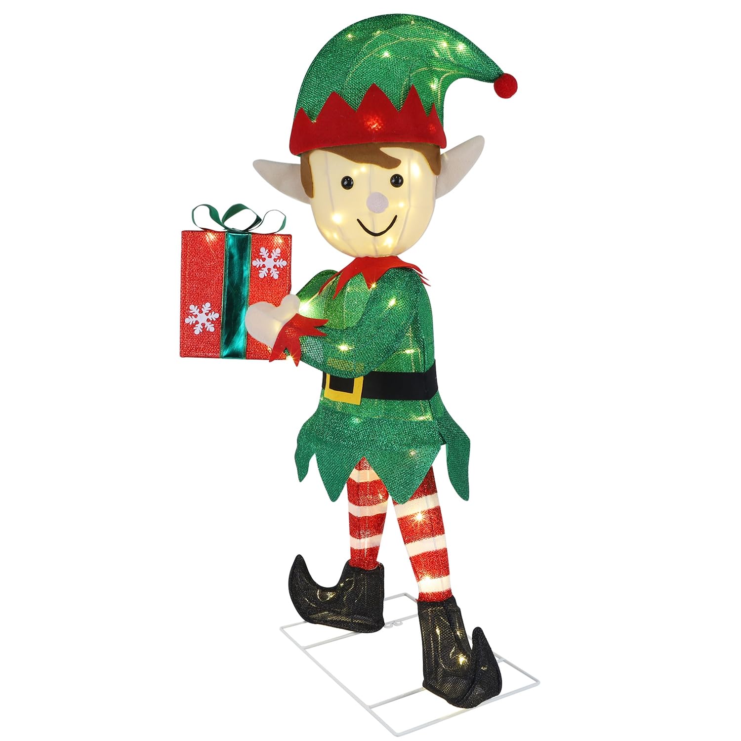 Hausse Lighted Christmas Outdoor Decor, 38" Height Pre-Lit 3D Tinsel Xmas Green Elf Figure, Light Up Xmas Yard Displays, Plug in for Holiday Party New Year Winter Patio Lawn Garden - Image 3