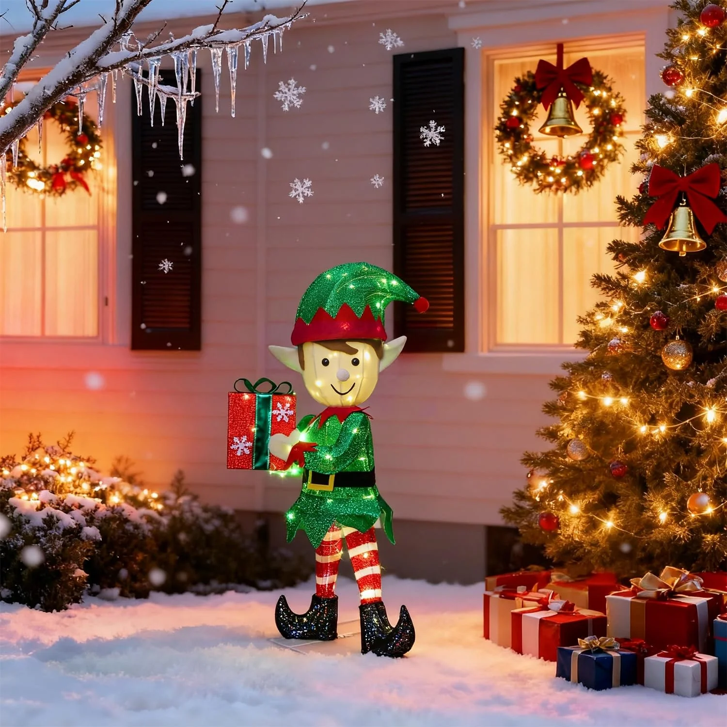 Hausse Lighted Christmas Outdoor Decor, 38" Height Pre-Lit 3D Tinsel Xmas Green Elf Figure, Light Up Xmas Yard Displays, Plug in for Holiday Party New Year Winter Patio Lawn Garden - Image 4
