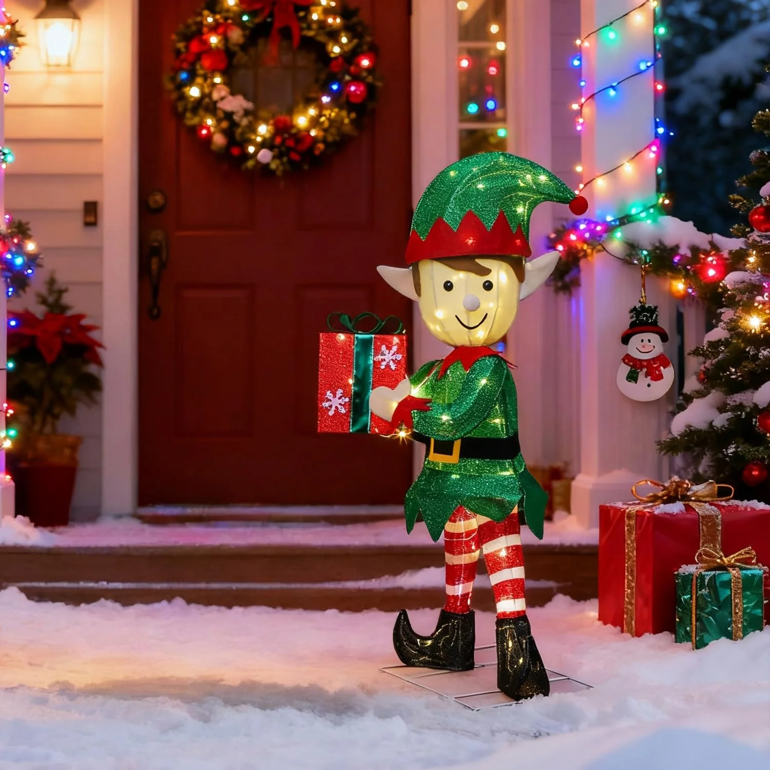 Hausse Lighted Christmas Outdoor Decor, 38" Height Pre-Lit 3D Tinsel Xmas Green Elf Figure, Light Up Xmas Yard Displays, Plug in for Holiday Party New Year Winter Patio Lawn Garden - Image 6