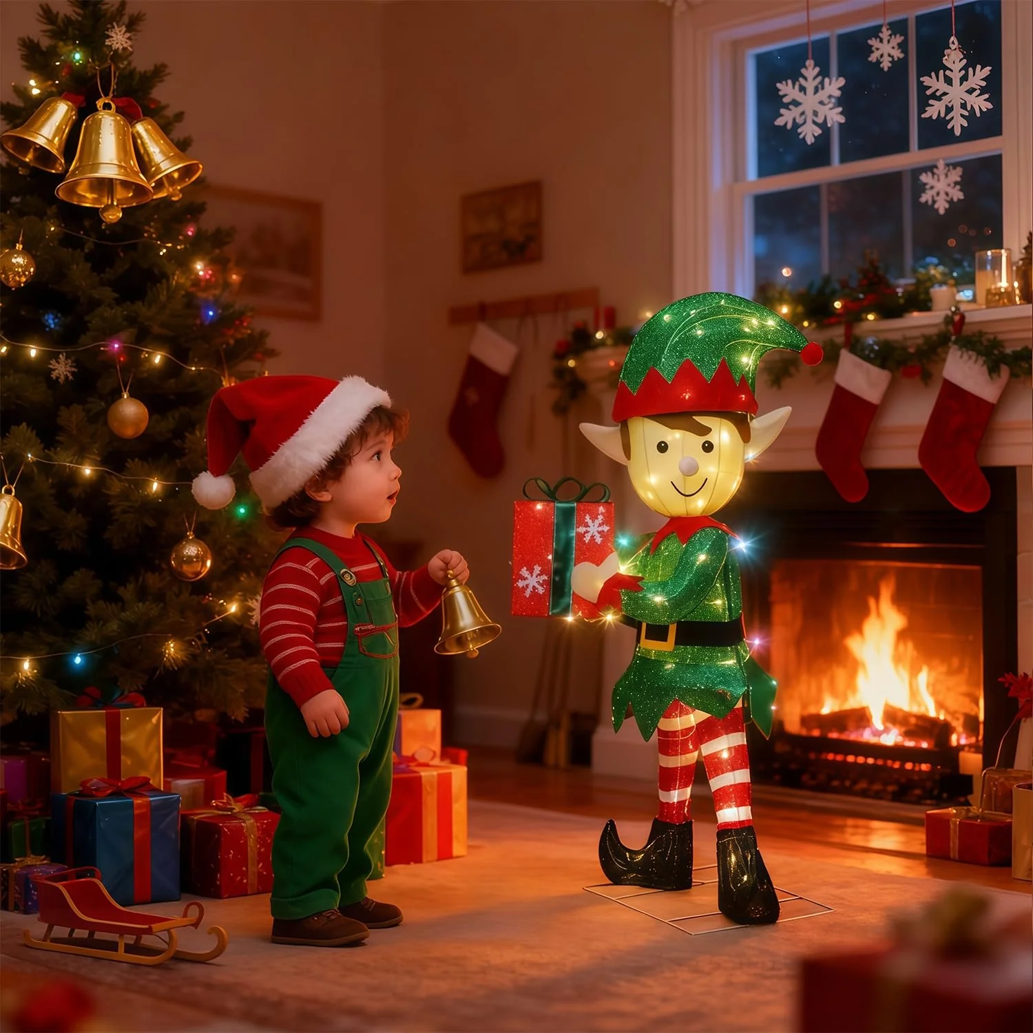 Hausse Lighted Christmas Outdoor Decor, 38" Height Pre-Lit 3D Tinsel Xmas Green Elf Figure, Light Up Xmas Yard Displays, Plug in for Holiday Party New Year Winter Patio Lawn Garden - Image 8