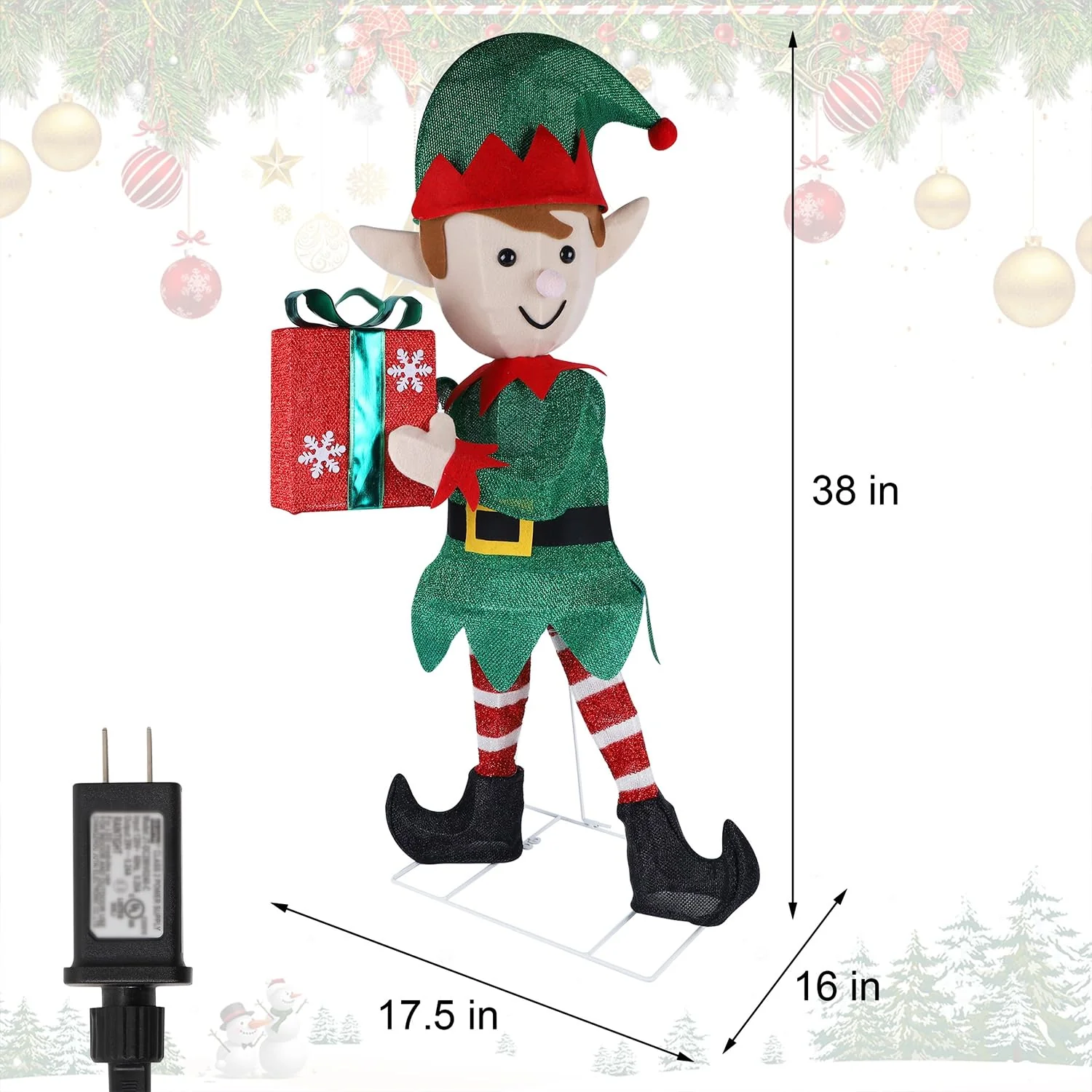 Hausse Lighted Christmas Outdoor Decor, 38" Height Pre-Lit 3D Tinsel Xmas Green Elf Figure, Light Up Xmas Yard Displays, Plug in for Holiday Party New Year Winter Patio Lawn Garden - Image 9