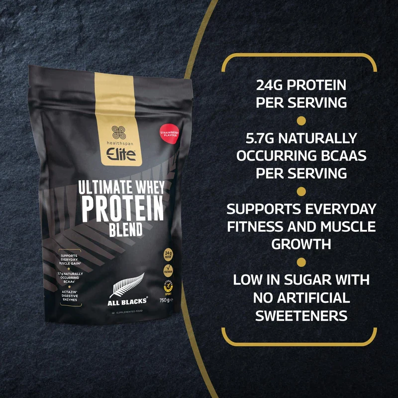 Healthspan Elite All Blacks Ultimate Whey Protein Blend 750g | Whey Concentrate & Isolate Proteins | 24g Protein Per Serving | Muscle Gain | 5.7g BCAAs | Contains Actazin | Vegetarian (Strawberry) - Image 2