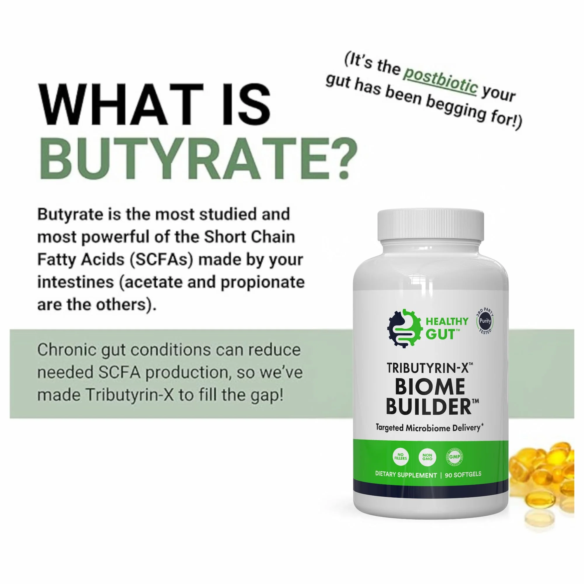 Healthy Gut Tributyrin-X | Most Bioavailable Butyrate Postbiotic for Gut Health & Leaky Gut Support | 99% Pure w/Zero Odor | 90 Softgels - Image 5