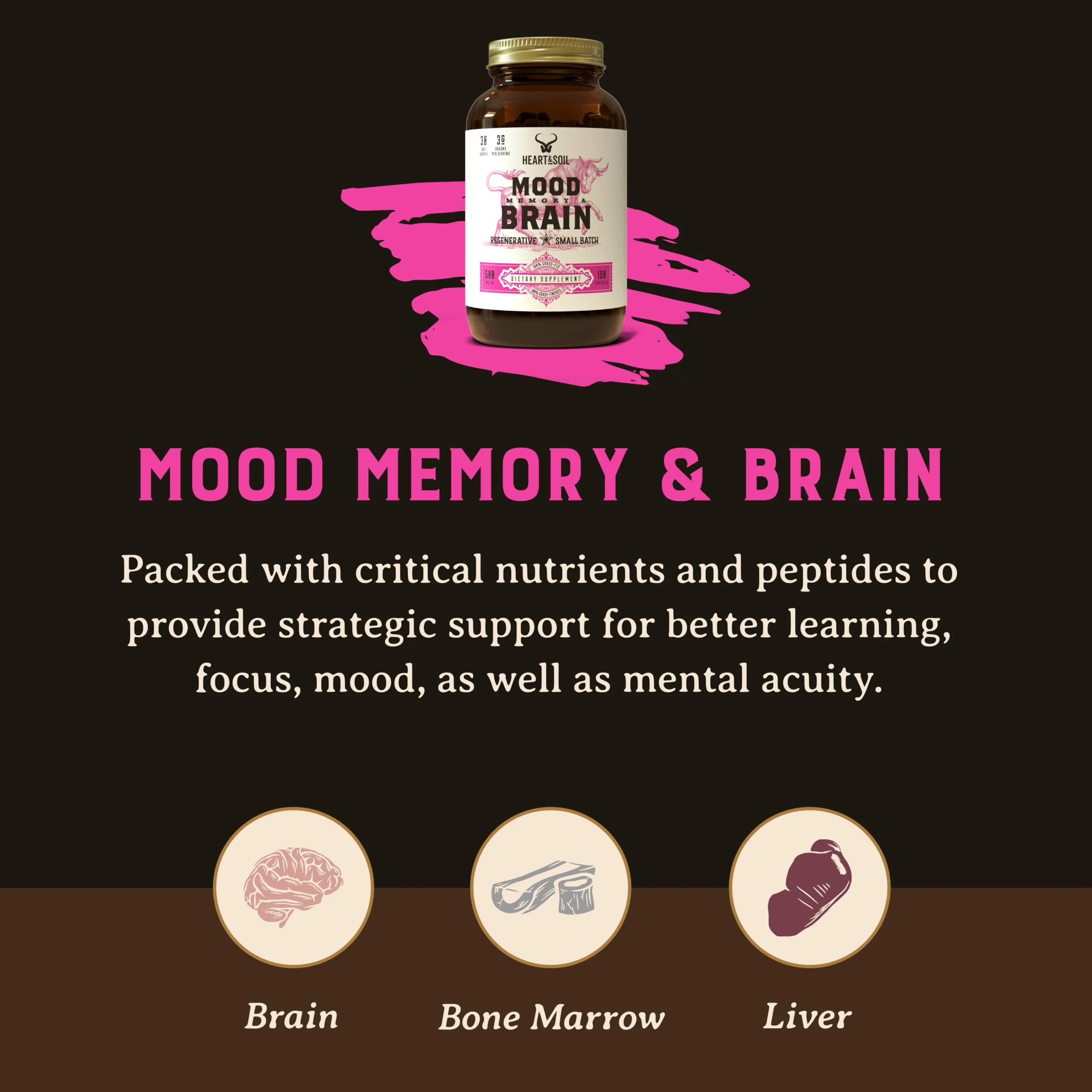 HEART & SOIL Grass Fed Beef Brain Supplement – 3000mg Brain Supplements for Memory and Focus with DHA, EPA, Choline, B12, Folate, Riboflavin, Selenium & Copper - Non-GMO, Allergen-Free - 180 Capsules - Image 7