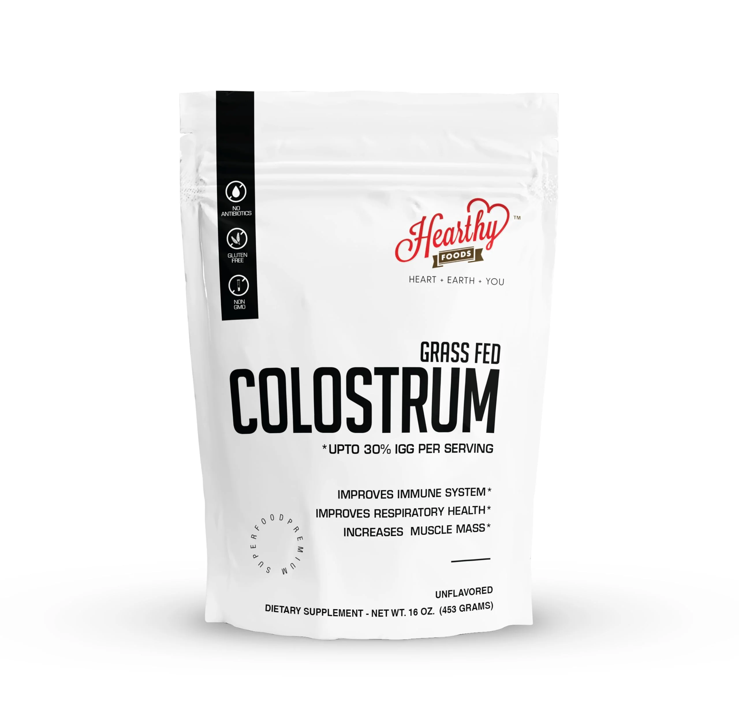HEARTHY FOODS Bovine Colostrum Powder - Upto 30% IGG, 90 Servings, Leaky Gut Repair Supplements, Gut Health and Immune Support | Grass-Fed Halal Non GMO, Gluten Free 16Oz 454g