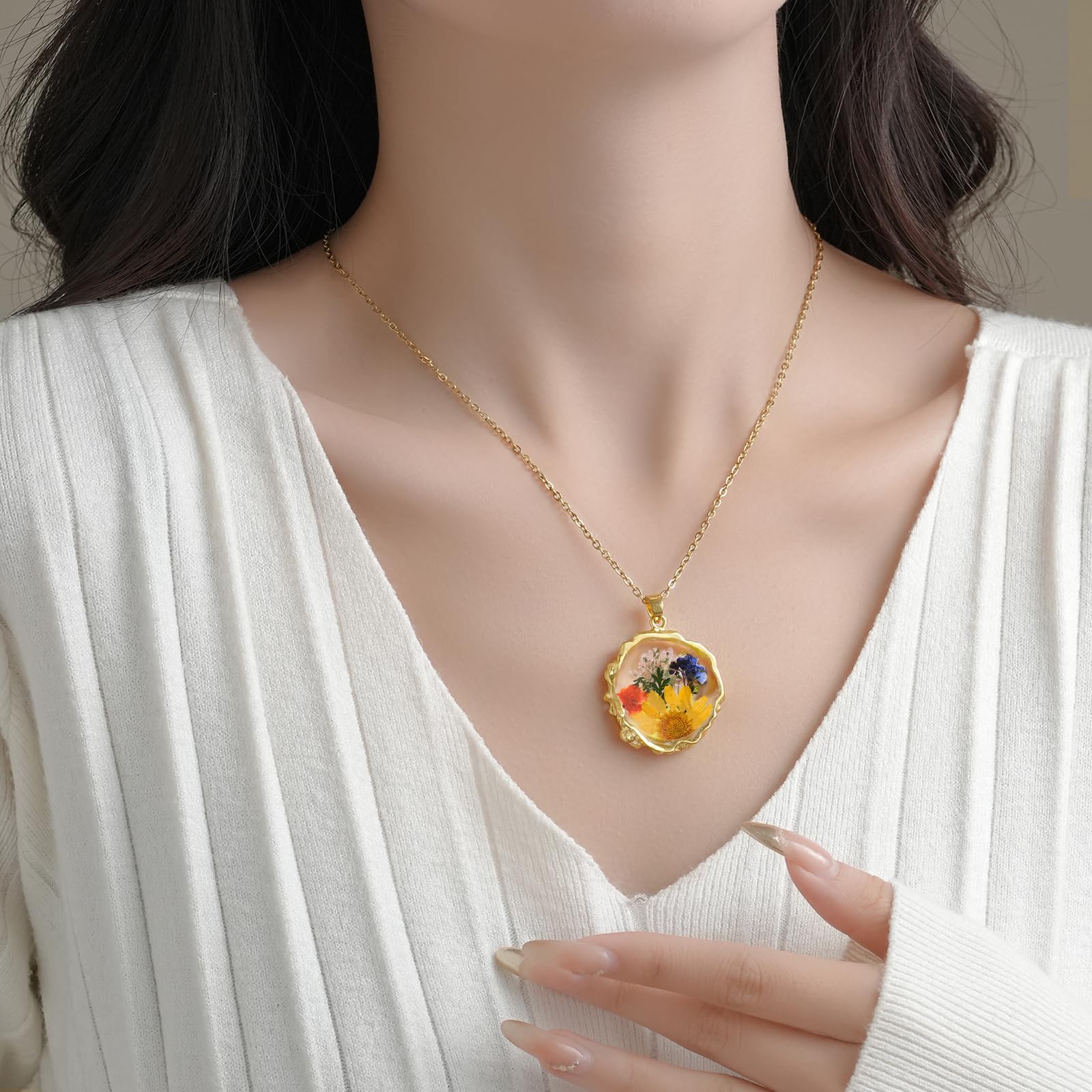 Hefestus Birth Flower Necklaces for Women,October Month Marigold Real Pressed Flower Necklace,Boho-Style Personalized Jewelry,Handmade Floral Pendant,Thoughtful Gift for Christmas,Birthday|18" (Gold) - Image 5