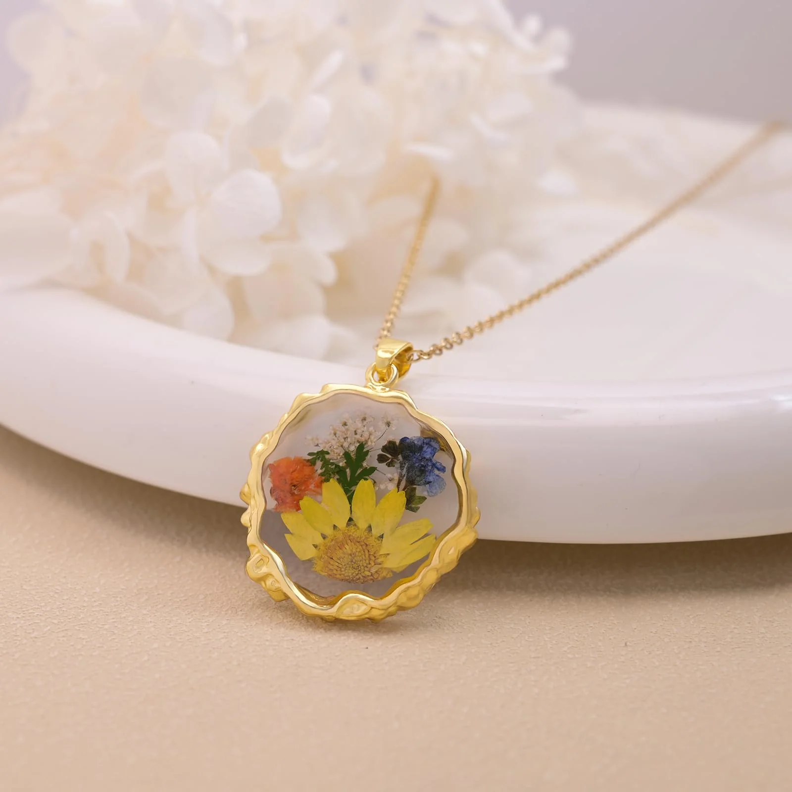 Hefestus Birth Flower Necklaces for Women,October Month Marigold Real Pressed Flower Necklace,Boho-Style Personalized Jewelry,Handmade Floral Pendant,Thoughtful Gift for Christmas,Birthday|18" (Gold) - Image 6