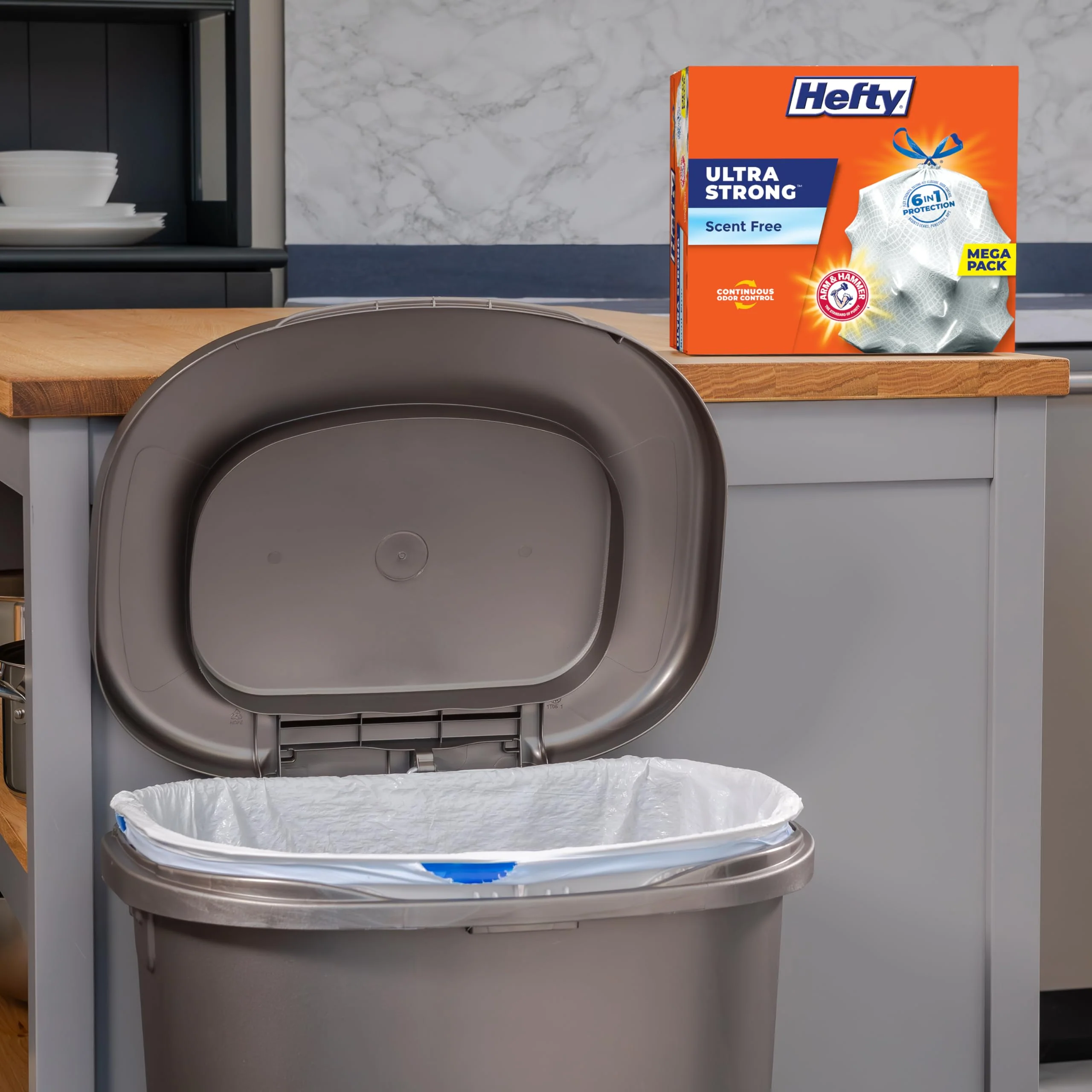 Hefty Ultra Strong 13 Gallon Trash Bags, Tall Kitchen Trash Bags 13 Gallon Size, Drawstring Closure, Continuous Odor Control, White, Unscented, 110 Bags - Image 9