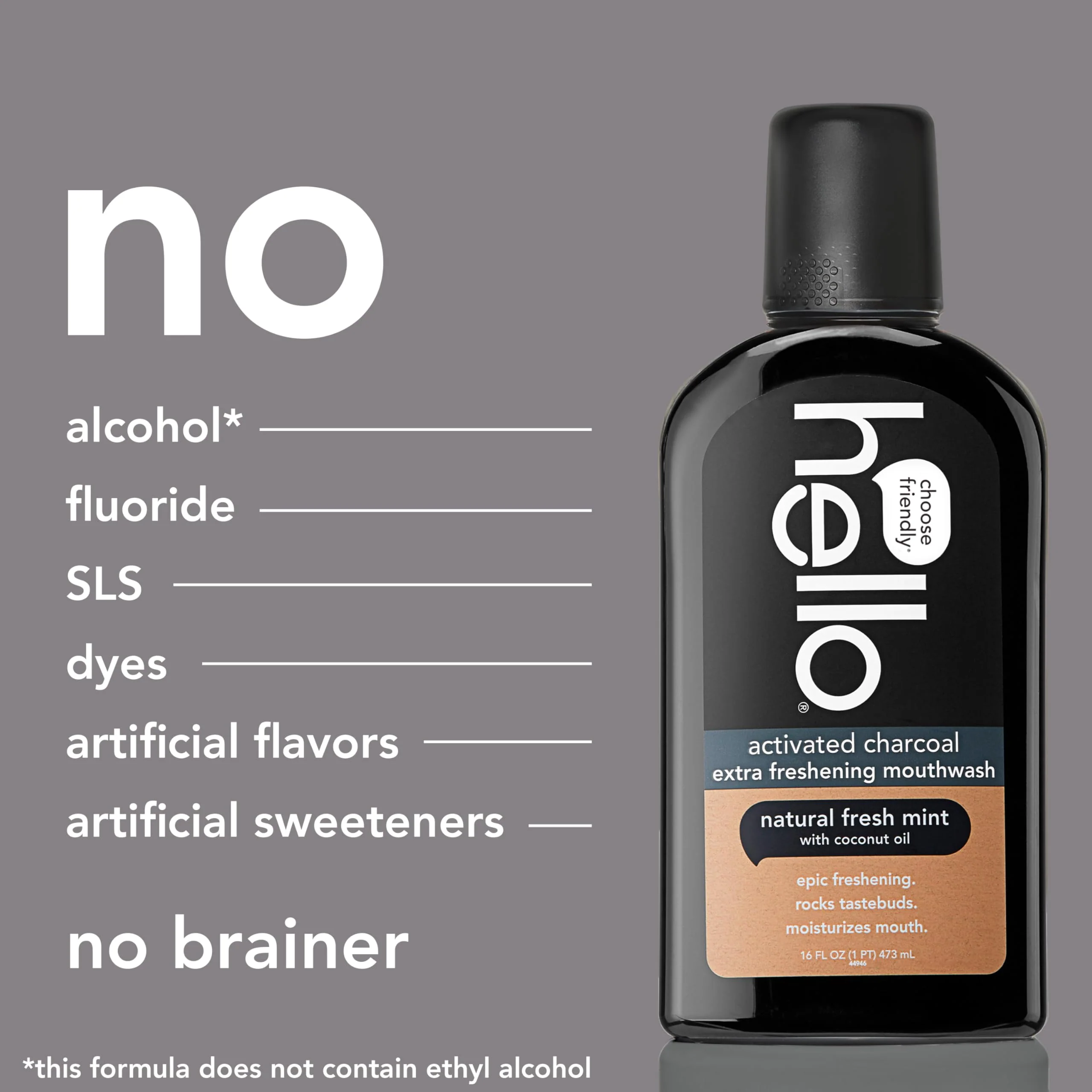 Hello Activated Charcoal Extra Freshening Mouthwash, Natural Fresh Mint and Coconut Oil, Fluoride Free, Alcohol Free, Vegan, SLS Free and Gluten Free, 16 Fl Oz (Pack of 3) - Image 2