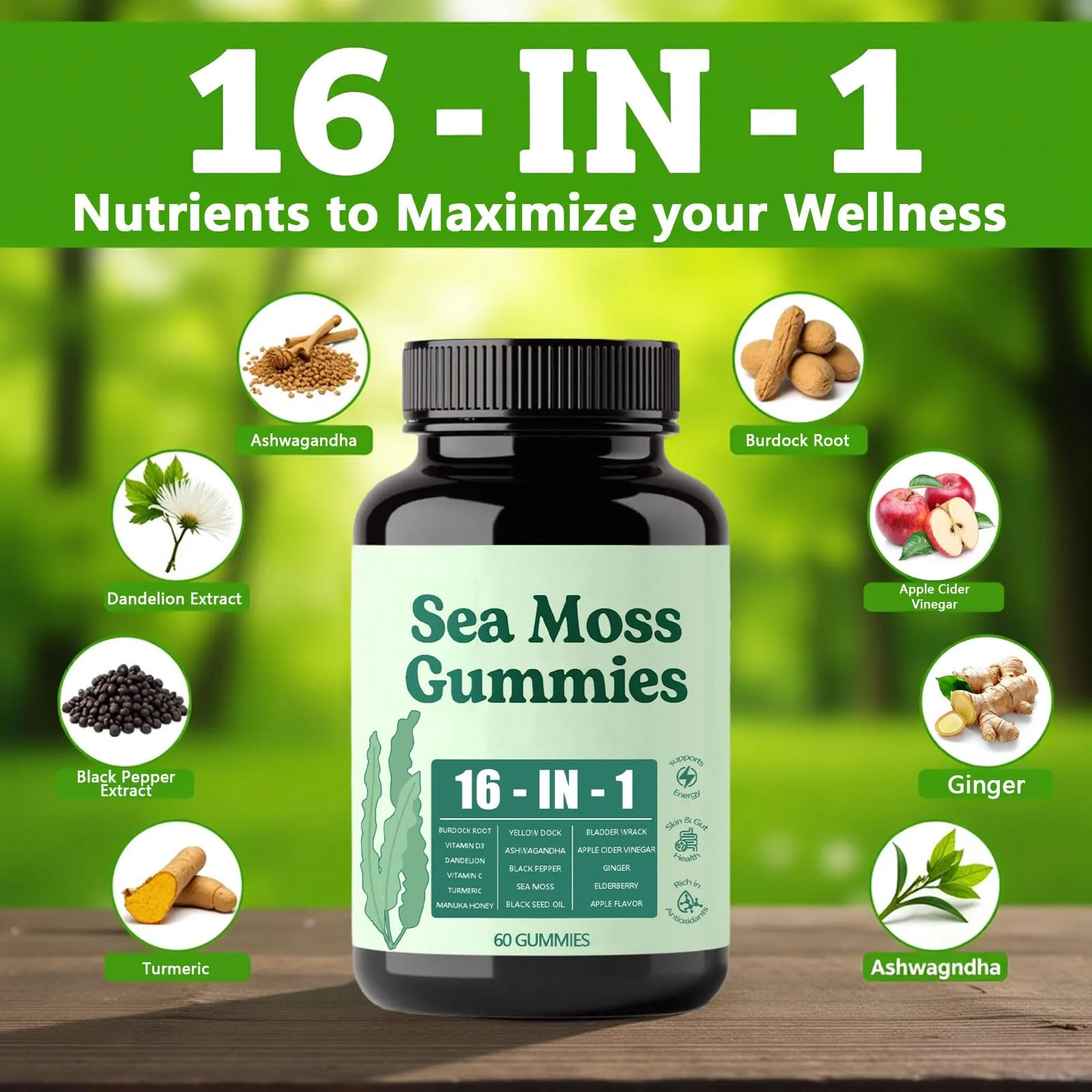 Hemdnt Sea Moss Gummies 16-in-1, with Bladderwrack & Burdock Root, Organic Immune Support, Energy, Digestion – Vegan, Non-GMO, Gluten-Free (60 Gummies) - Image 5