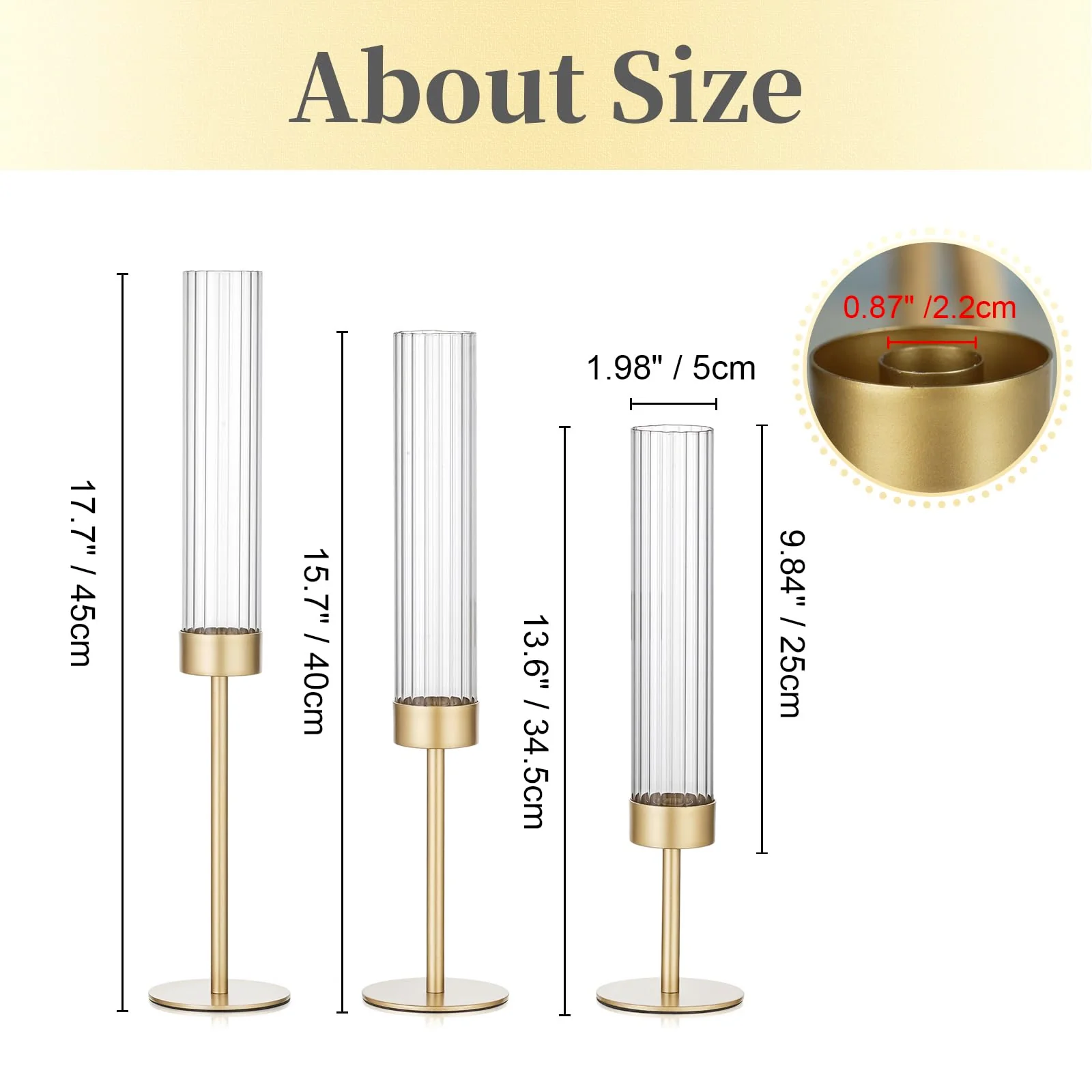 Hewory Gold Hurricane Candle Holders: Brass Candlestick Holders Set of 3 Tall Taper Candle Holders for Candlesticks Candle Sticks Holder Decor for Table Centerpiece Wedding Party Christmas Decorations - Image 3