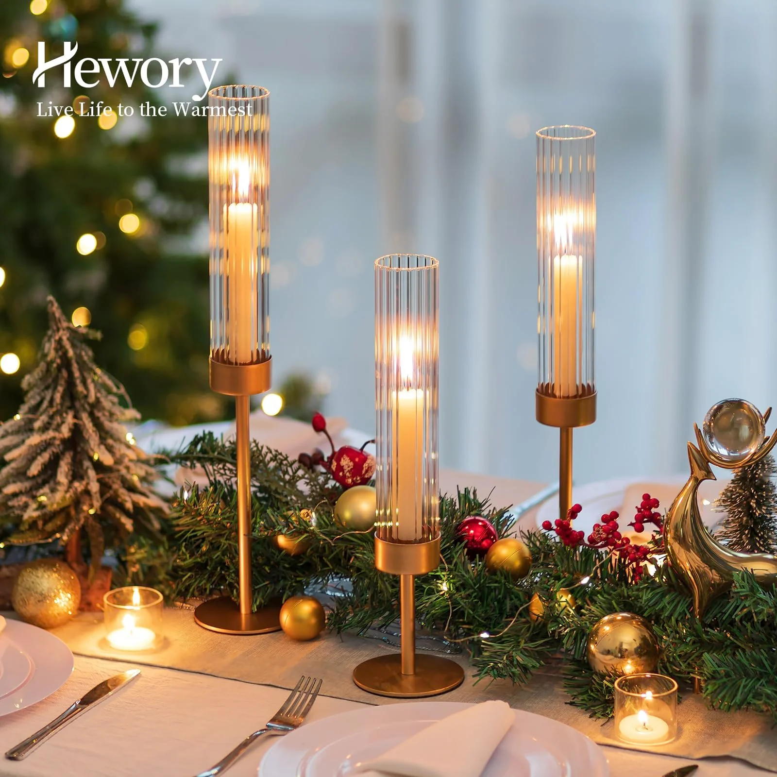 Hewory Gold Hurricane Candle Holders: Brass Candlestick Holders Set of 3 Tall Taper Candle Holders for Candlesticks Candle Sticks Holder Decor for Table Centerpiece Wedding Party Christmas Decorations - Image 4