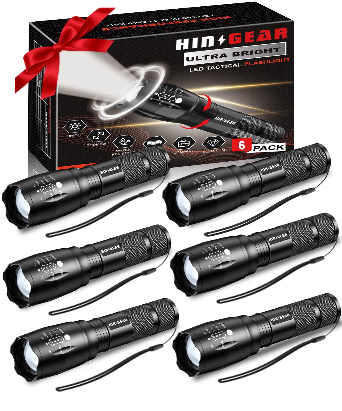 HinsGEAR Flashlights High Lumens 6PCS, 1 Mode LED Flashlight Super Bright, Small Pocket Flashlight Bulk, Water Resistant Tactical Flash Light for Emergency, Camping, Gift for Men Dad Christmas