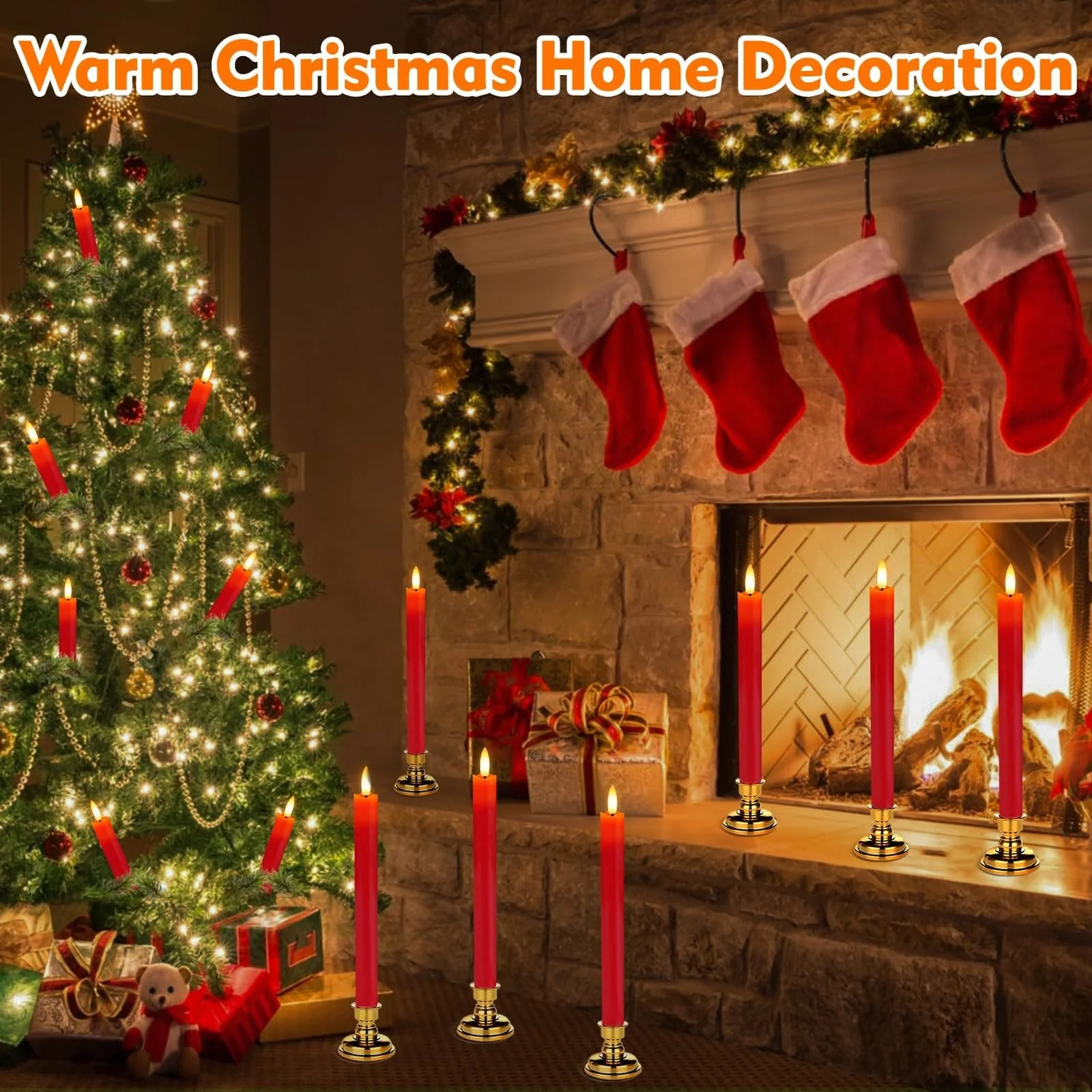 HINZER 6 Pcs Flameless Taper Candles with Remote & Timer 9.6 inch Real Wax Battery Operated LED Warm 3D Wick Flickering Window Candles for Halloween Christmas Wedding Decor, Red - Image 3