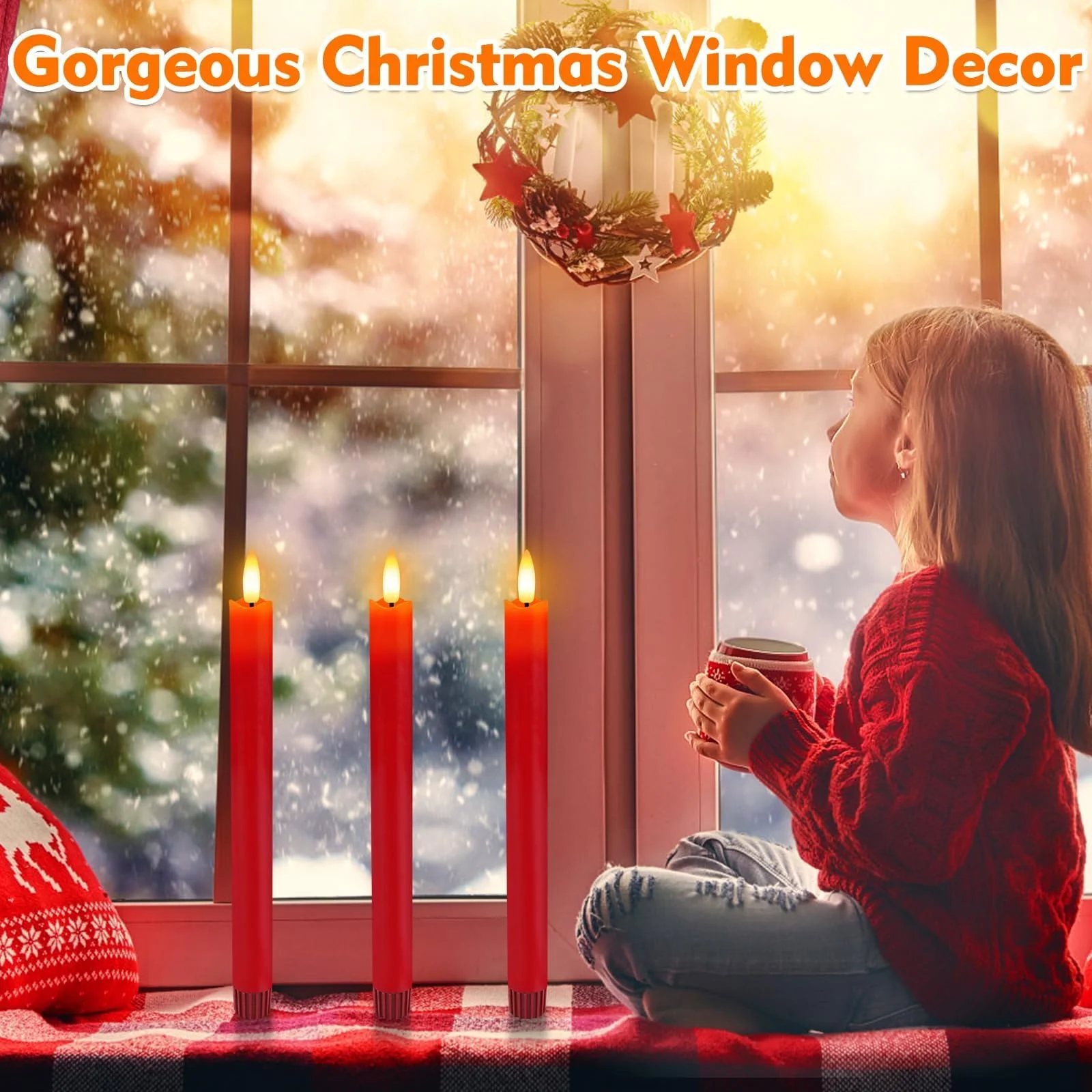 HINZER 6 Pcs Flameless Taper Candles with Remote & Timer 9.6 inch Real Wax Battery Operated LED Warm 3D Wick Flickering Window Candles for Halloween Christmas Wedding Decor, Red - Image 4