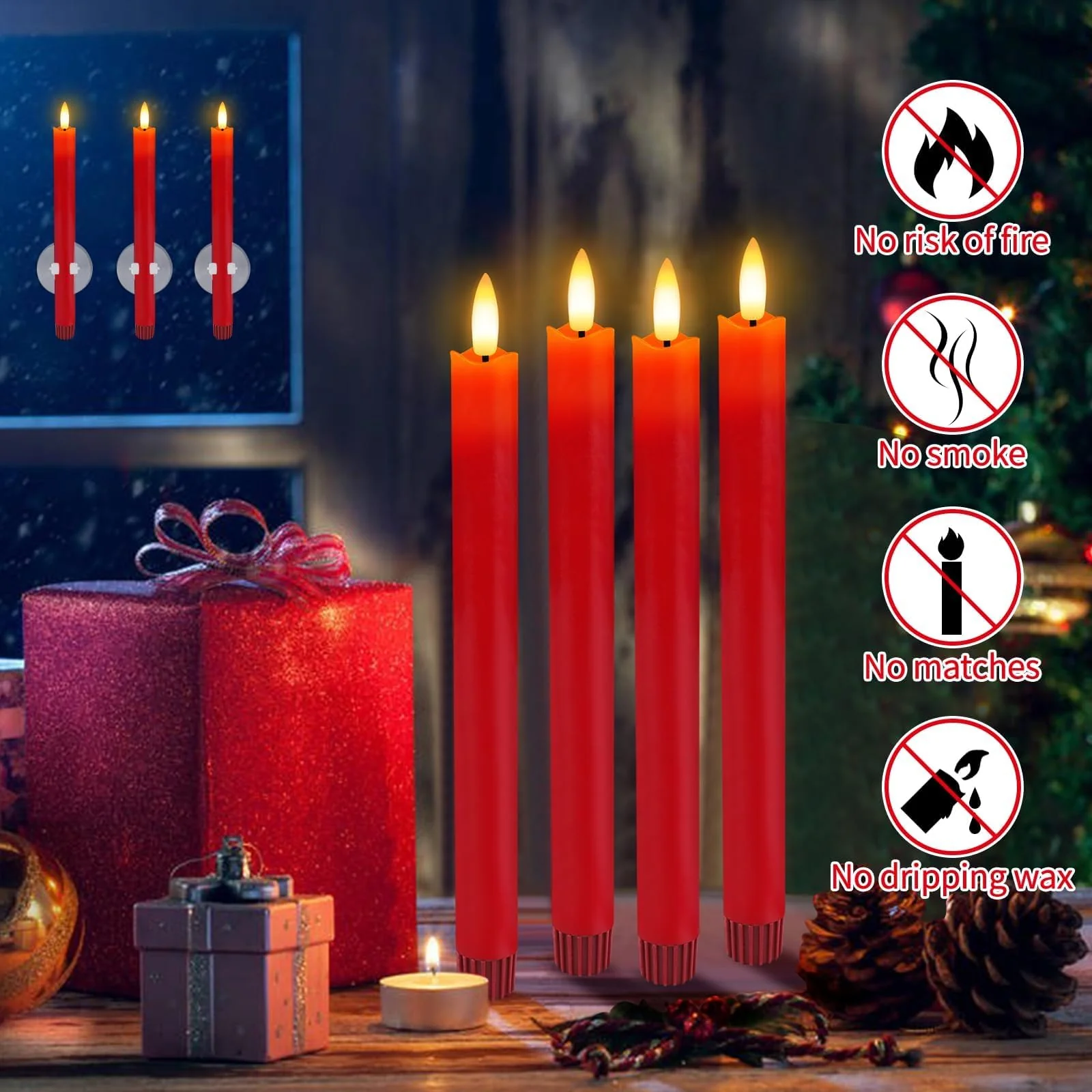 HINZER 6 Pcs Flameless Taper Candles with Remote & Timer 9.6 inch Real Wax Battery Operated LED Warm 3D Wick Flickering Window Candles for Halloween Christmas Wedding Decor, Red - Image 6