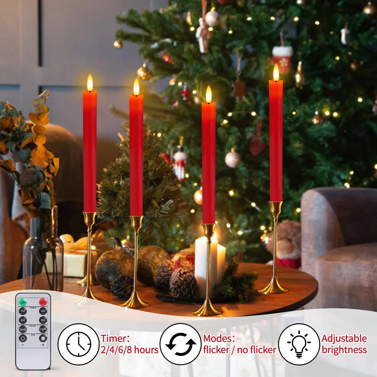 HINZER 6 Pcs Flameless Taper Candles with Remote & Timer 9.6 inch Real Wax Battery Operated LED Warm 3D Wick Flickering Window Candles for Halloween Christmas Wedding Decor, Red - Image 7