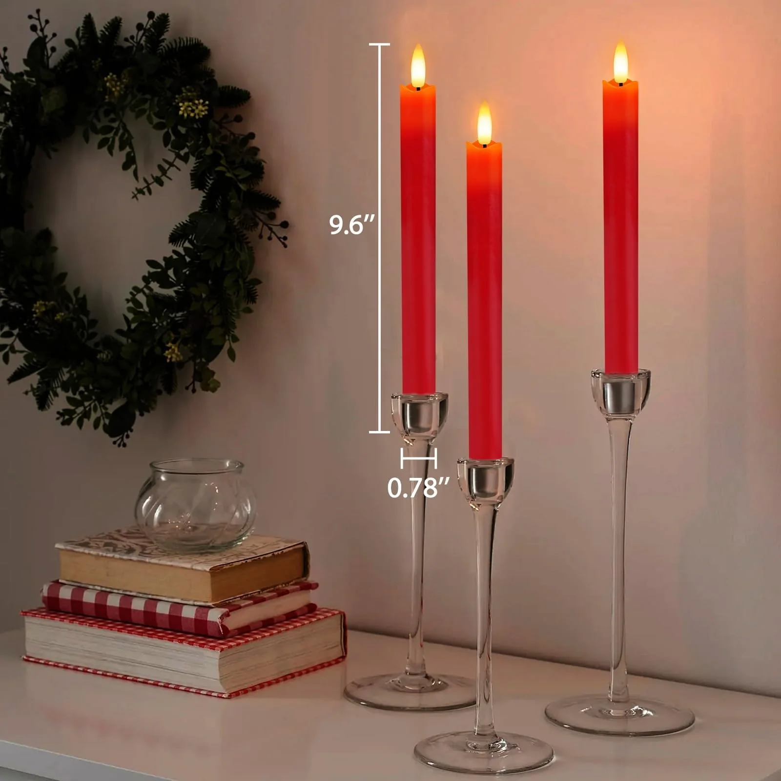 HINZER 6 Pcs Flameless Taper Candles with Remote & Timer 9.6 inch Real Wax Battery Operated LED Warm 3D Wick Flickering Window Candles for Halloween Christmas Wedding Decor, Red - Image 8