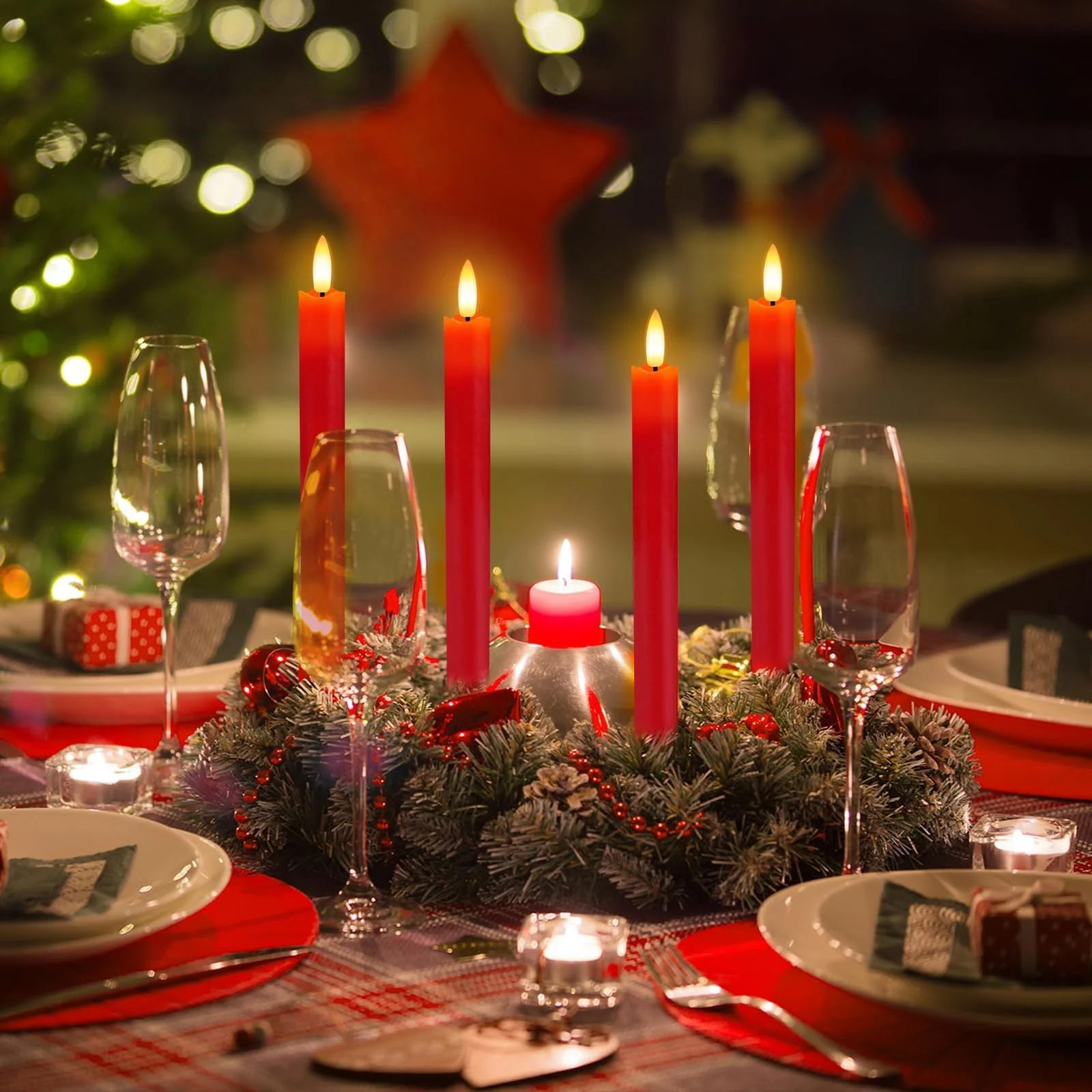HINZER 6 Pcs Flameless Taper Candles with Remote & Timer 9.6 inch Real Wax Battery Operated LED Warm 3D Wick Flickering Window Candles for Halloween Christmas Wedding Decor, Red - Image 9