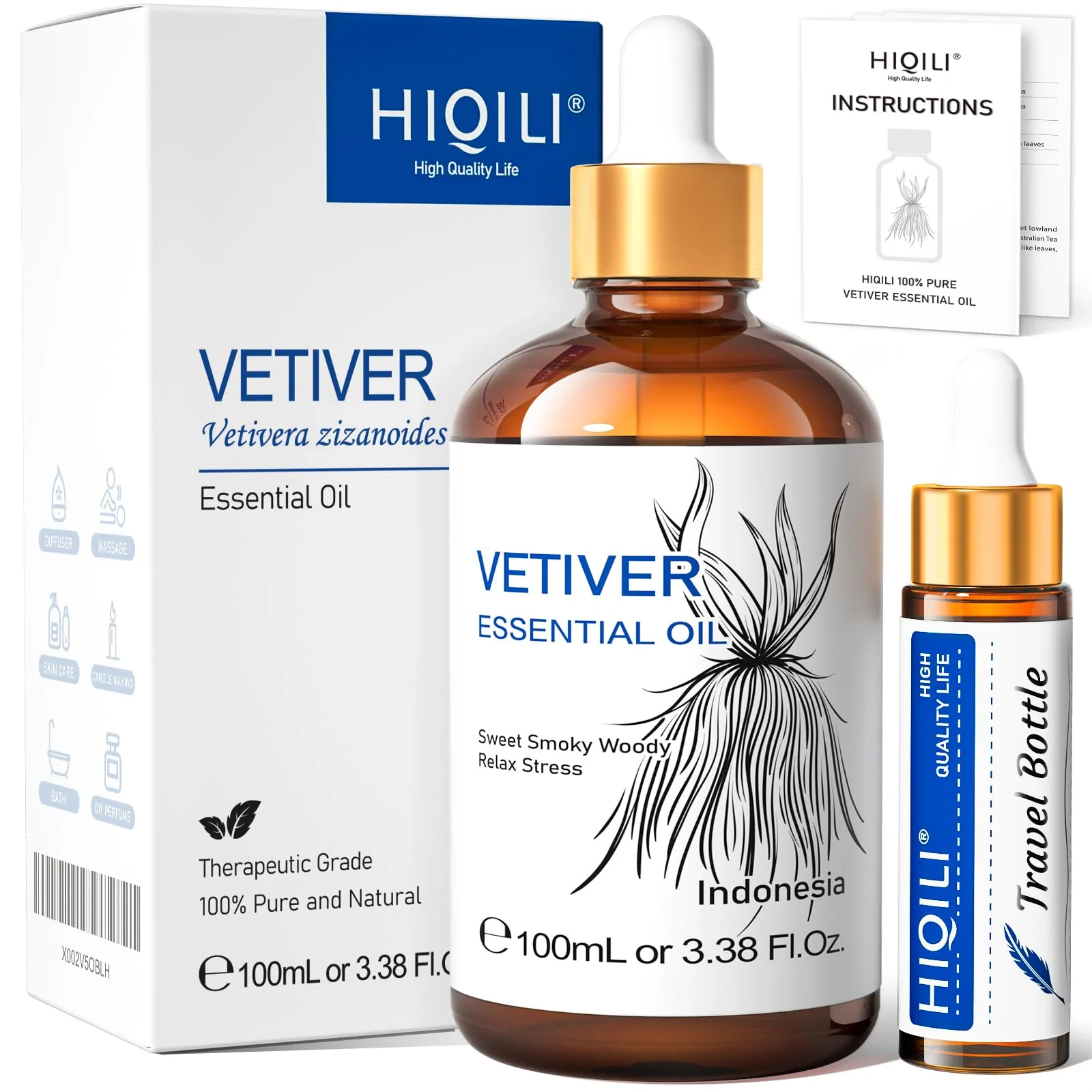 HIQILI 100ML Vetiver Essential Oil, 100% Pure Natural for Diffuser Calm and Relation- 3.38 Fl Oz