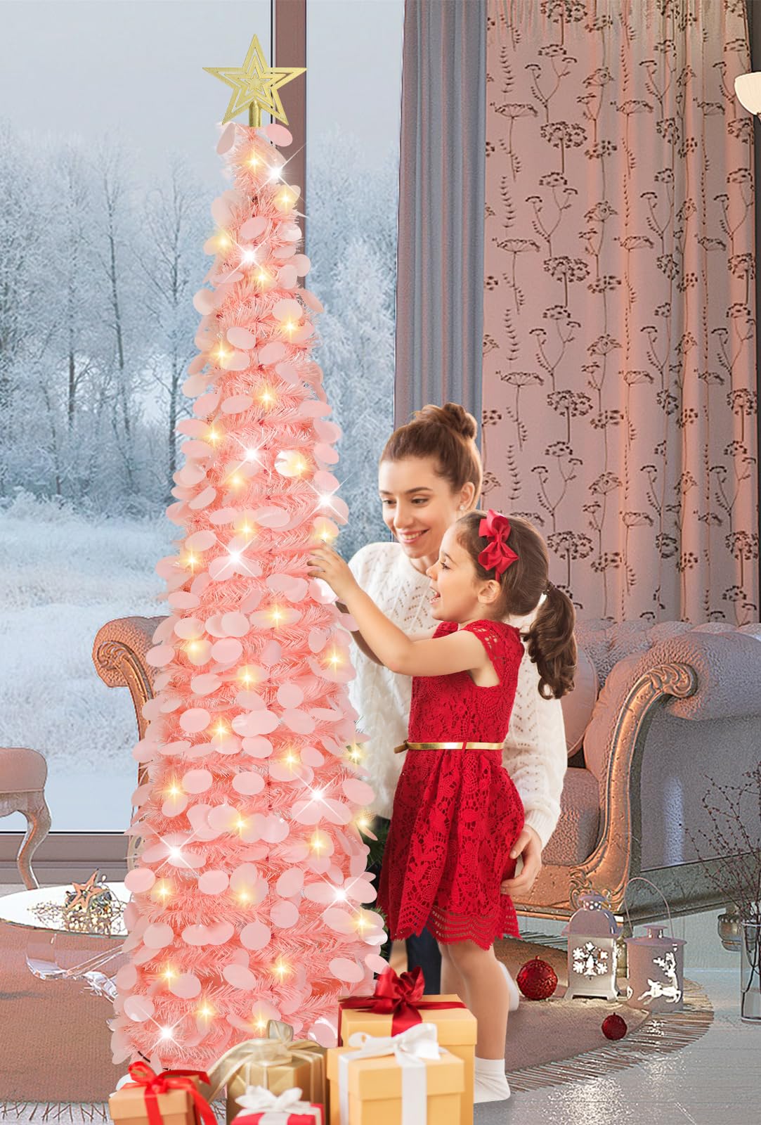 HMASYO 5 FT Pop Up Christmas Tree with Timer Lights, Pink Christmas Tinsel Tree, Collapsible Artificial Pencil Christmas Tree for Indoor Home Apartment Porch Holiday Party Decorations - Image 4
