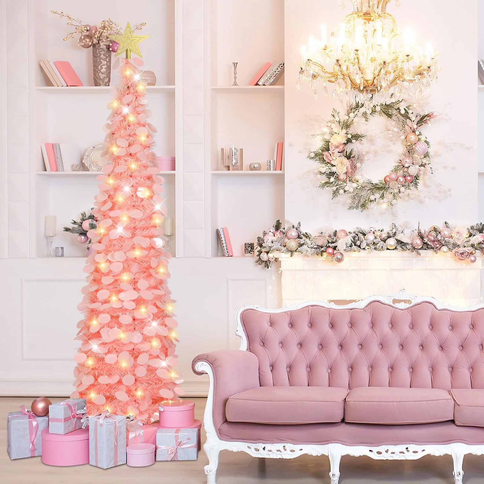 HMASYO 5 FT Pop Up Christmas Tree with Timer Lights, Pink Christmas Tinsel Tree, Collapsible Artificial Pencil Christmas Tree for Indoor Home Apartment Porch Holiday Party Decorations - Image 9