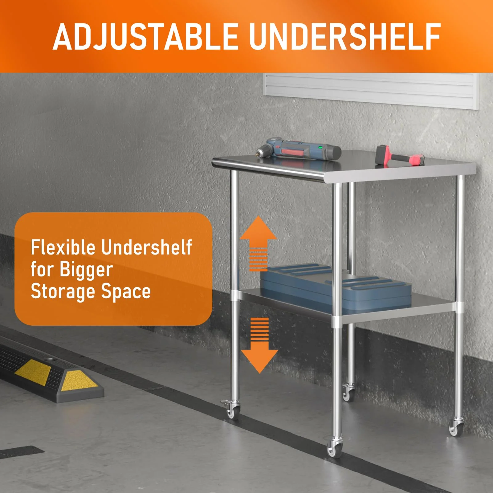 HOCCOT Stainless Steel Table with Wheels 24" x 30" Utility Worktable with Adjustable Undershelf for Commercial Kitchen, Garage, Restaurant - Image 5