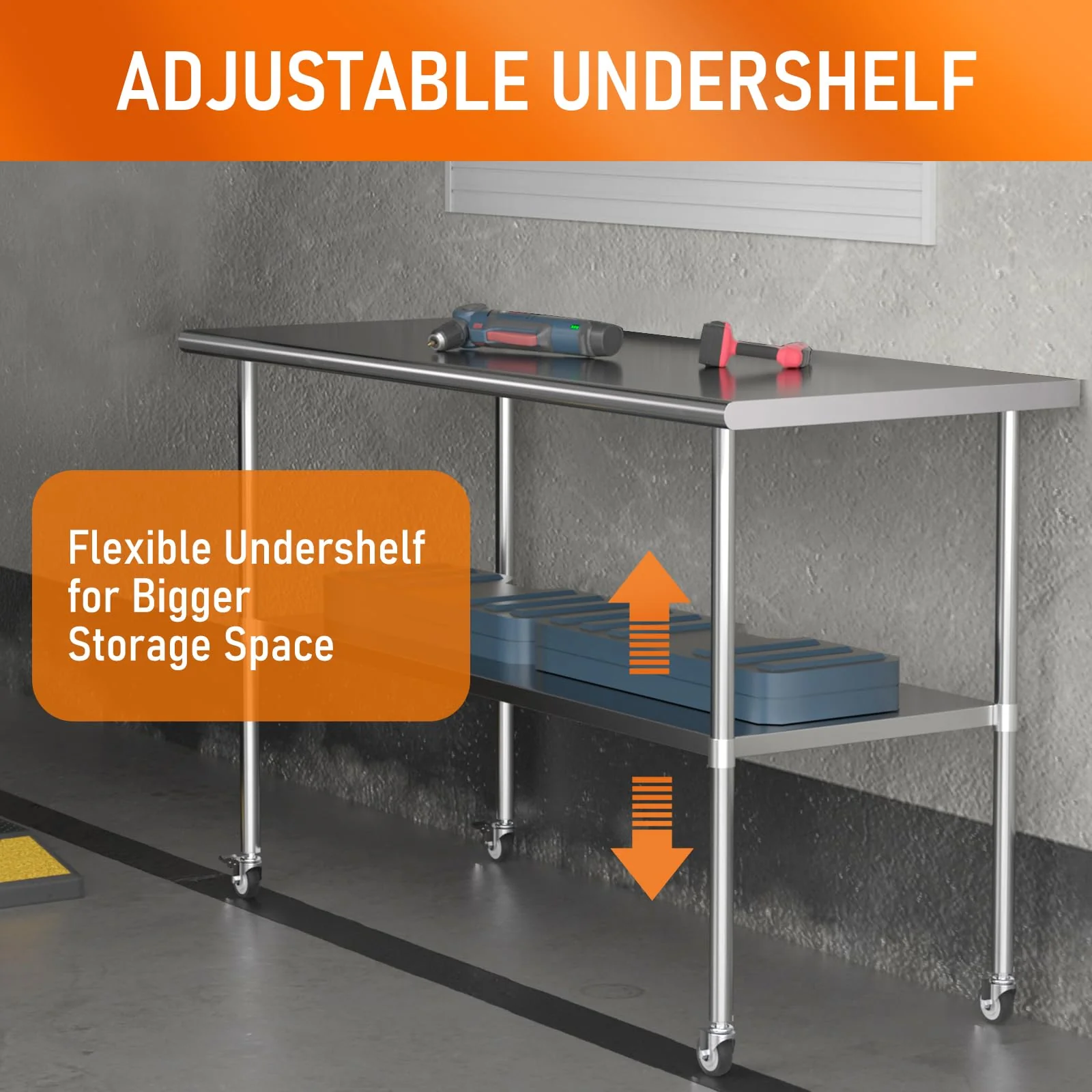 HOCCOT Stainless Steel Table with Wheels 24" x 60" Utility Worktable with Adjustable Undershelf for Commercial Kitchen, Garage, Restaurant - Image 5
