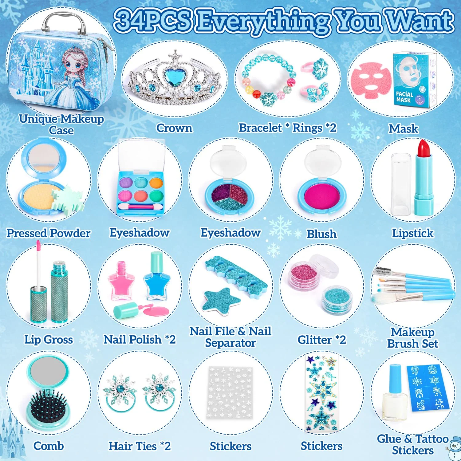 Hohosunlar Kids Makeup Set for Girls Toys, 34Pcs Washable Princess Frozen Make Up Kit w/ Dress Up Accessories, Christmas Birthday Princess Gifts Toys for Girls Kids Toddlers Age 3 4 5 6 7 8 9 10 11 12 - Image 8
