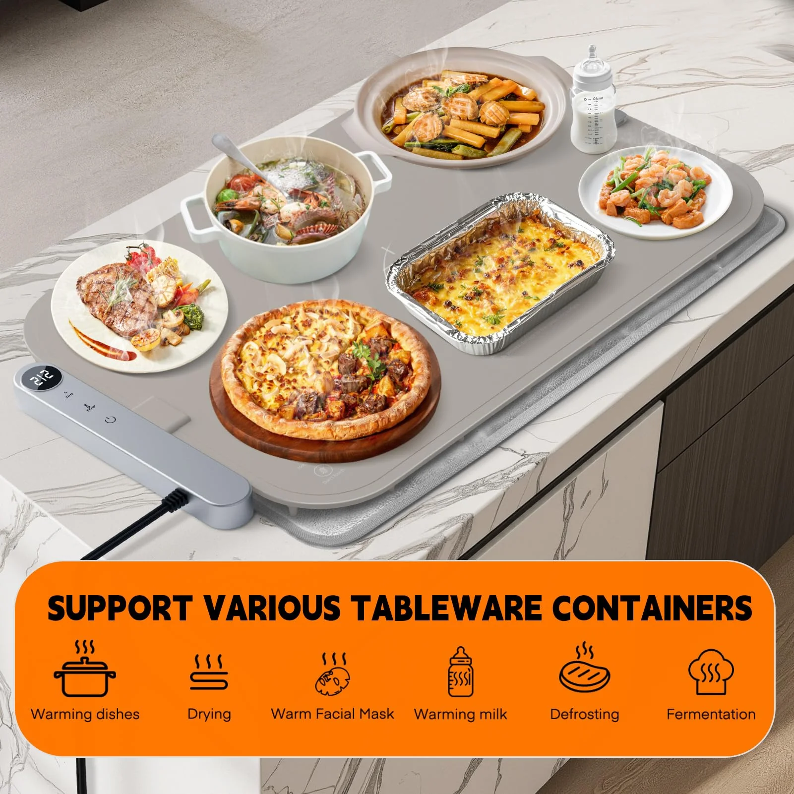 Homelove Warming Mat for Food - Electric Warming Tray with 6-Level Temperature and Hours Setting, Full Surface Graphene Heating, Waterproof Dishwasher-Friendly Food Warmer for Parties, Kitchen (Khaki) - Image 3