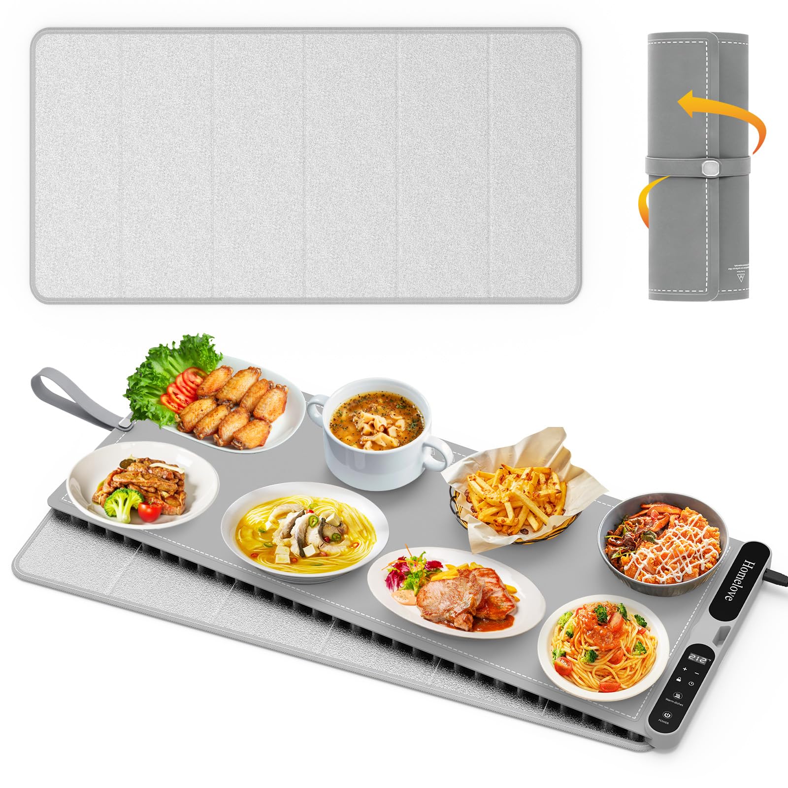 Homelove Warming Mat for Food - Fast Full Surface Electric Warming Tray with 7 Temp-Settings & 8H Timer, Portable Roll Up Food Warmer with Heat Insulation Pad for Gatherings Parties Buffet XXL-Grey