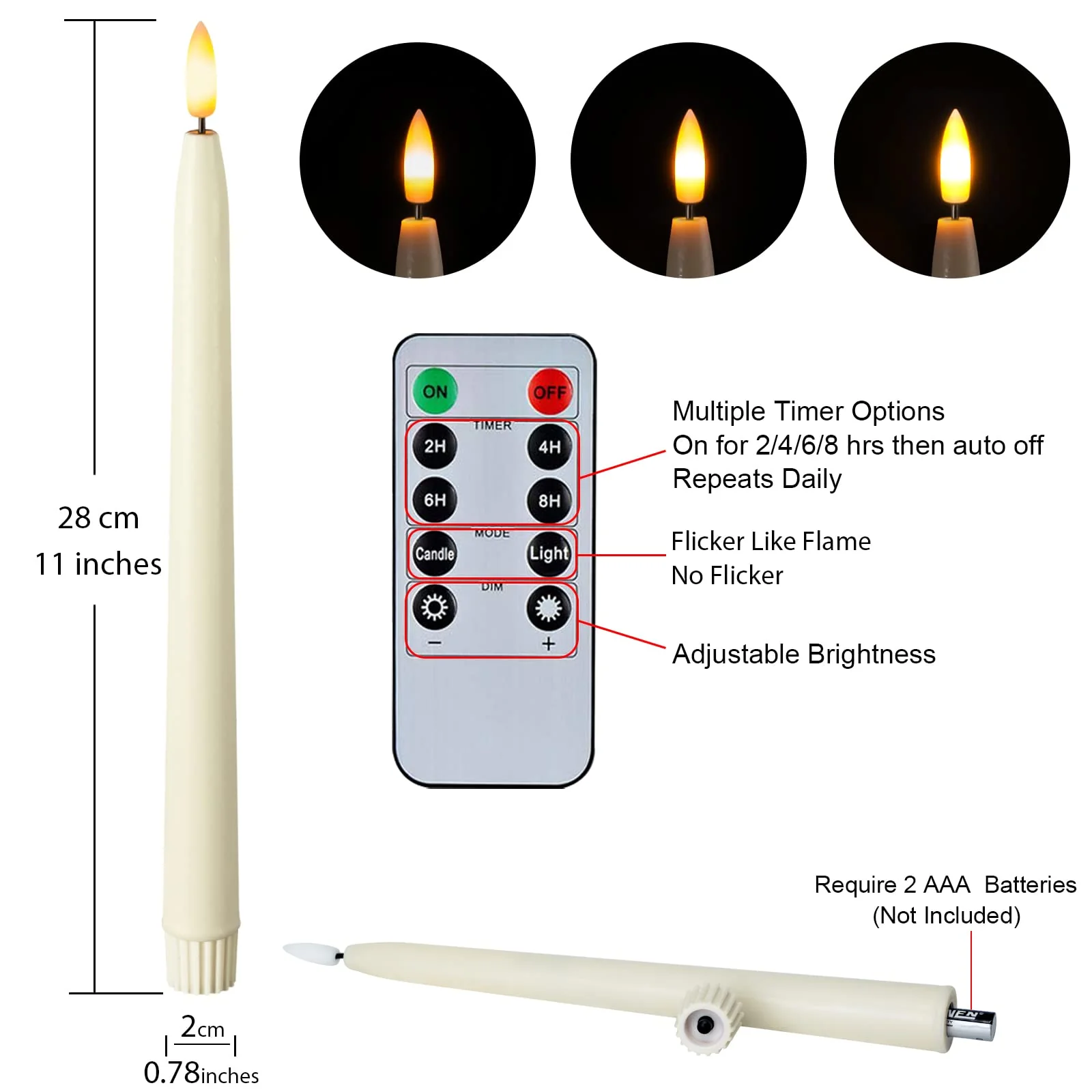 Homemory 11 inches Waxy Flameless Taper Candles with Remote Timer Dimmer, 6 Pcs Battery Operated Taper Candles with Flickering Flame, Ivory LED Candlesticks for Wedding, Christmas Indoor Decoration - Image 4