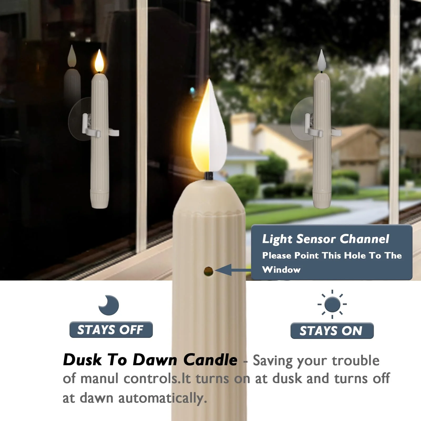 Homemory 6 Pcs Window Candles With Sensor Dusk to Dawn - Ivory Stripped Candlesticks With Suction Cups, Roman Column Battery Operated Flameless LED Taper for Christmas - Image 8