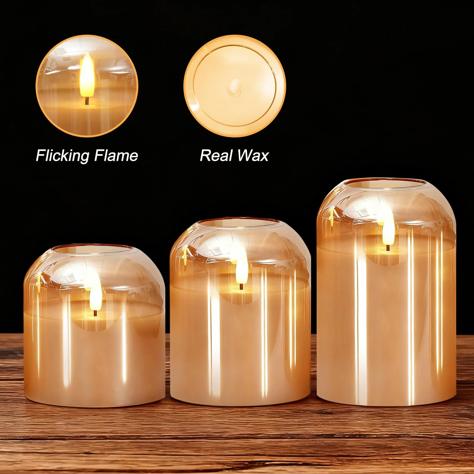 Homemory Glass Flameless Candles, Battery Operated Plliar Candles Realistic Flickering, LED Electric Light with Remote and Timer for Home, Christmas Decoration, Gold, Set of 3 - Image 2