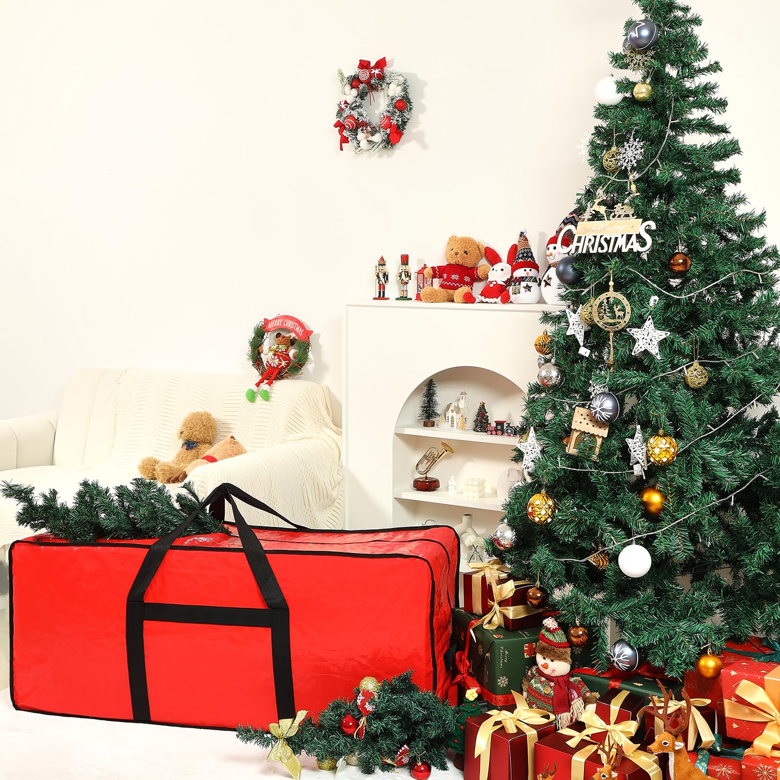 HOMEST Christmas Tree Storage Bag, Fits for 6/7.5 ft Xmas Artificials, Zippered Box with Reinforced Carrying Handles and Wheels, Red (Bag Only) - Image 2