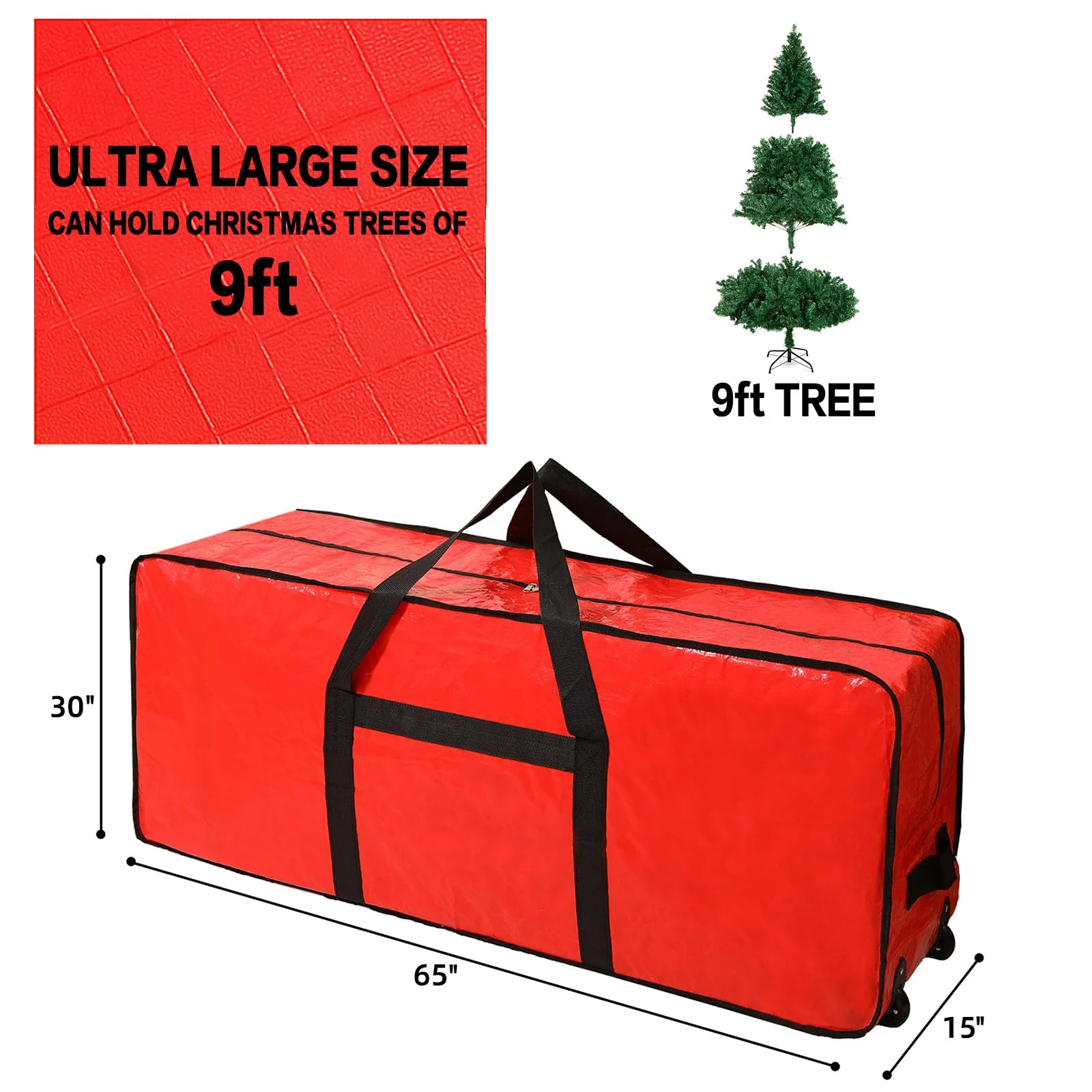 HOMEST Christmas Tree Storage Bag, Fits for 9 ft Xmas Artificials, Zippered Bag with Reinforced Carrying Handles and Wheels, Red (Bag Only) - Image 5
