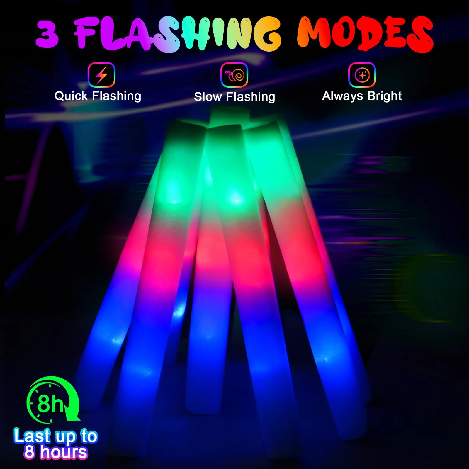 HONLYNE 46 PCS Foam Glow Sticks with 3 Modes Colorful Flashing, Foam Light Up Sticks, LED Light Sticks, Glow Sticks Party Pack for Halloween, New Year, Wedding, Raves, Concert, Christmas - Image 4