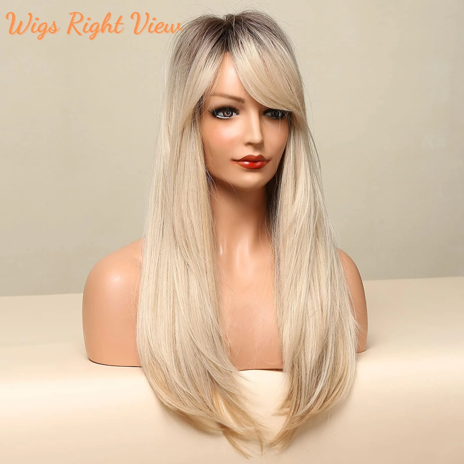 Honygebia Long Blonde Wig with Bangs - Ombre Dark Root Blonde Wigs for White Women, Striaght Wavy Synthetic Heat Resistant Hair, Natural Cute Wigs for Halloween/Christmas/Cosplay/Party - Image 3