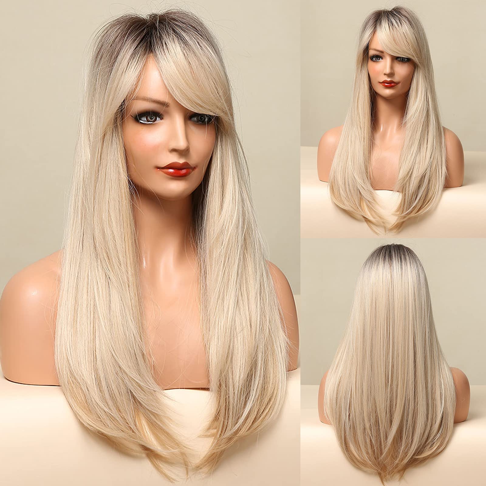 Honygebia Long Blonde Wig with Bangs - Ombre Dark Root Blonde Wigs for White Women, Striaght Wavy Synthetic Heat Resistant Hair, Natural Cute Wigs for Halloween/Christmas/Cosplay/Party - Image 6