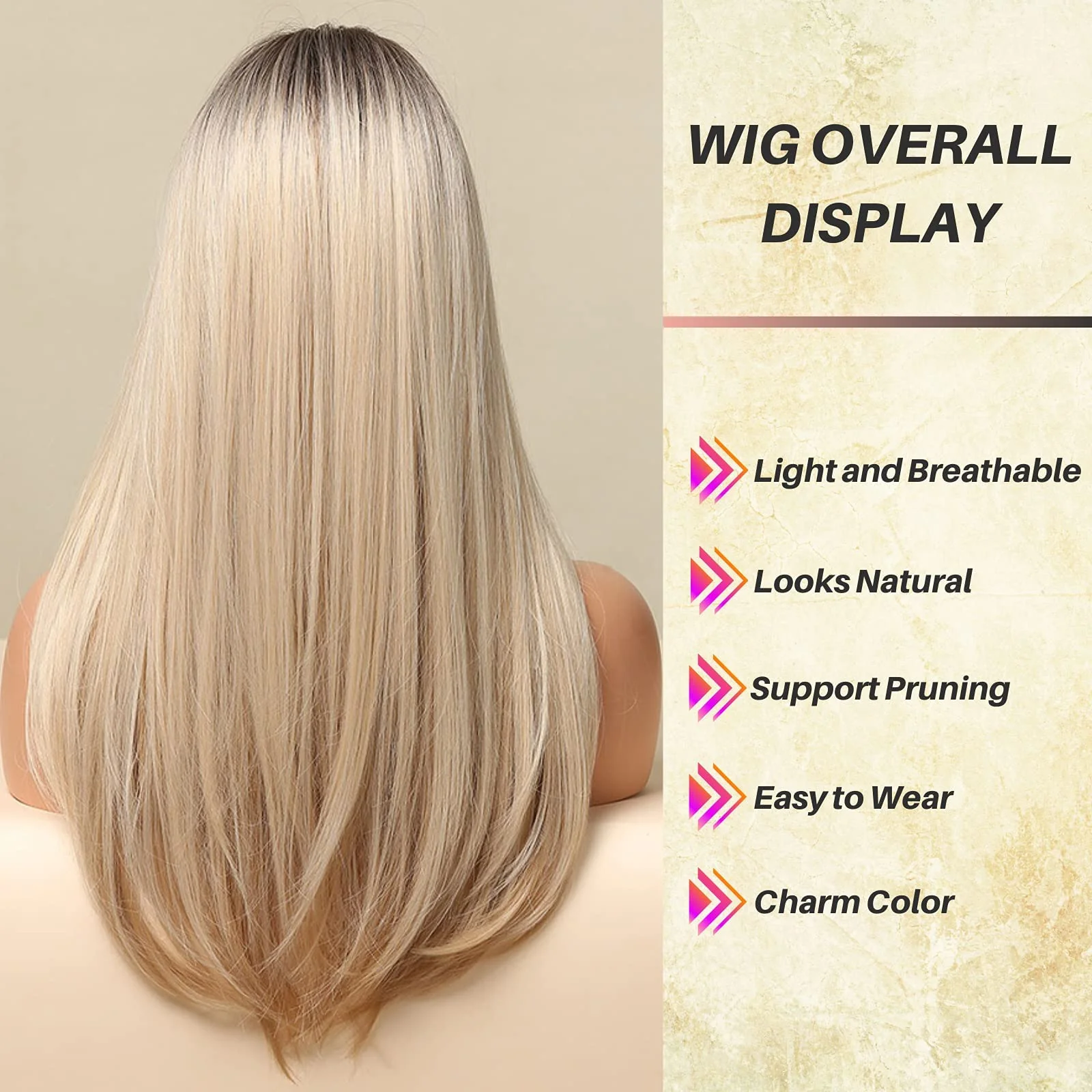 Honygebia Long Blonde Wig with Bangs - Ombre Dark Root Blonde Wigs for White Women, Striaght Wavy Synthetic Heat Resistant Hair, Natural Cute Wigs for Halloween/Christmas/Cosplay/Party - Image 7