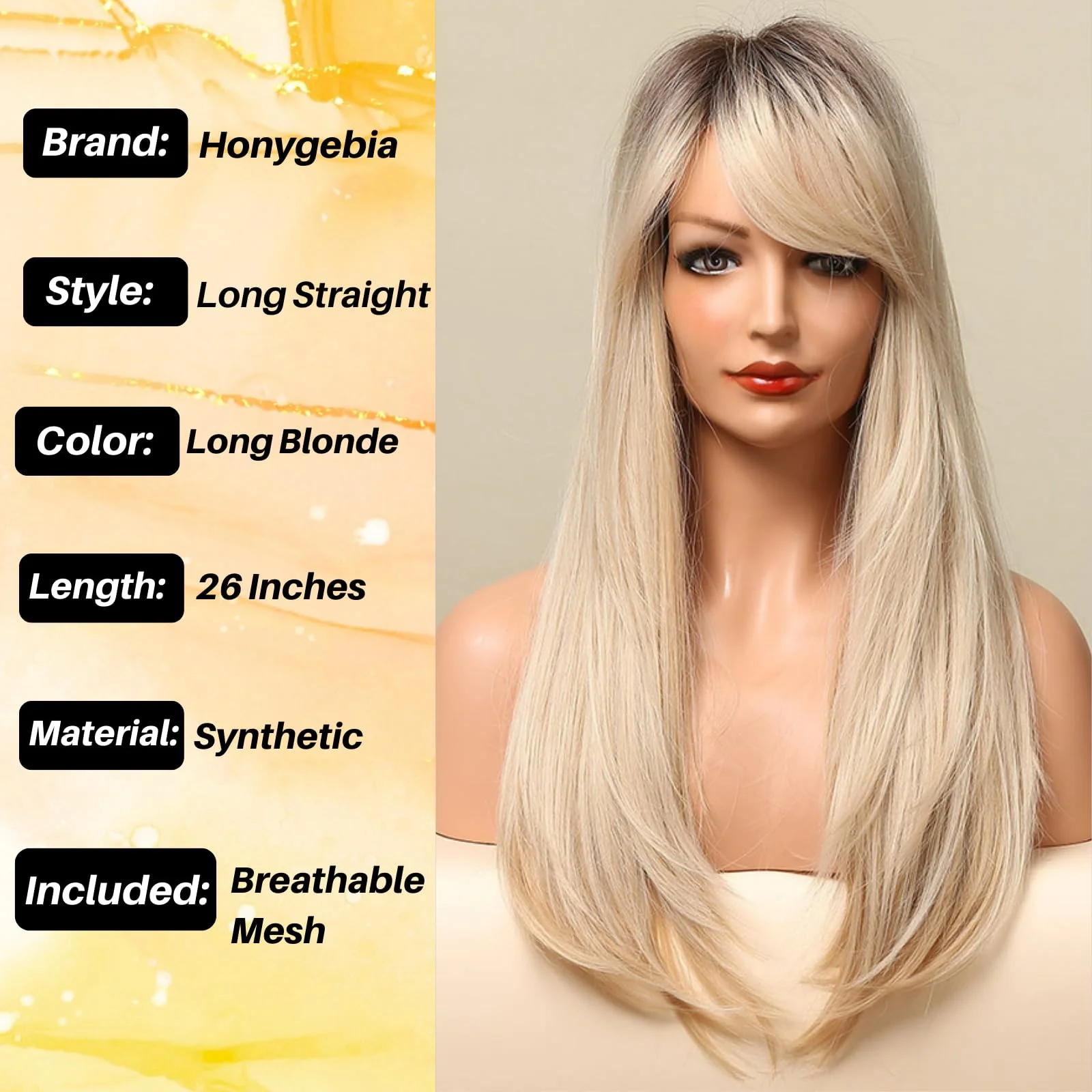 Honygebia Long Blonde Wig with Bangs - Ombre Dark Root Blonde Wigs for White Women, Striaght Wavy Synthetic Heat Resistant Hair, Natural Cute Wigs for Halloween/Christmas/Cosplay/Party - Image 8