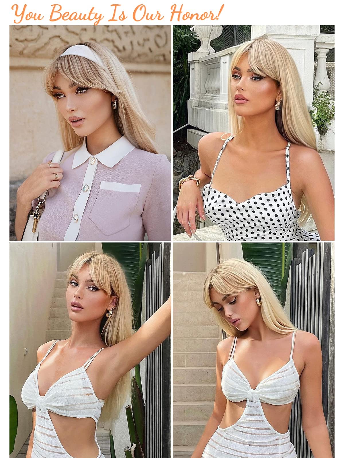 Honygebia Long Blonde Wig with Bangs - Ombre Dark Root Blonde Wigs for White Women, Striaght Wavy Synthetic Heat Resistant Hair, Natural Cute Wigs for Halloween/Christmas/Cosplay/Party - Image 9