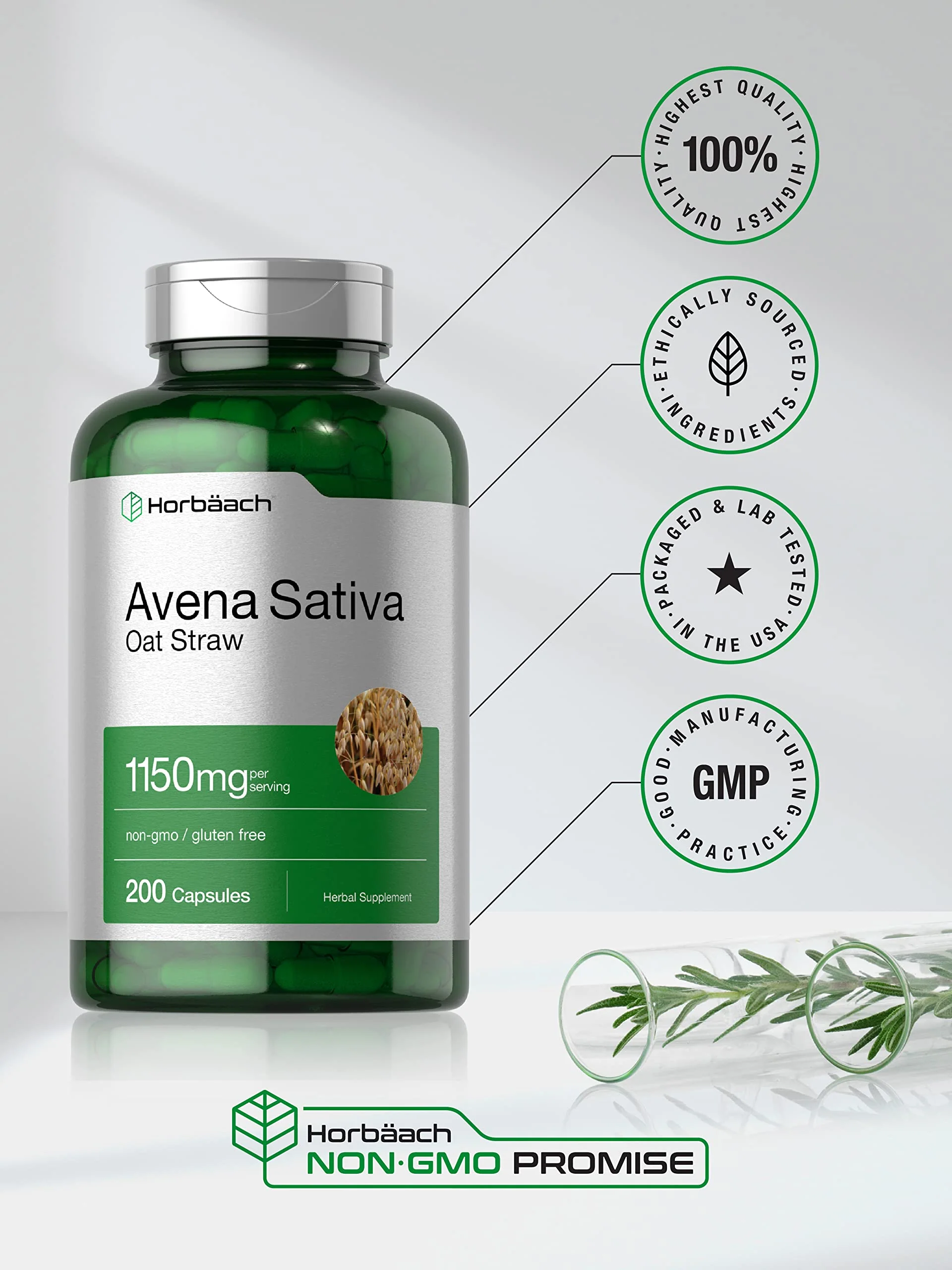 Horbäach Avena Sativa Extract 1150 mg | 200 Capsules | Oat Straw Extract | Non-GMO, Gluten Free - Image 4