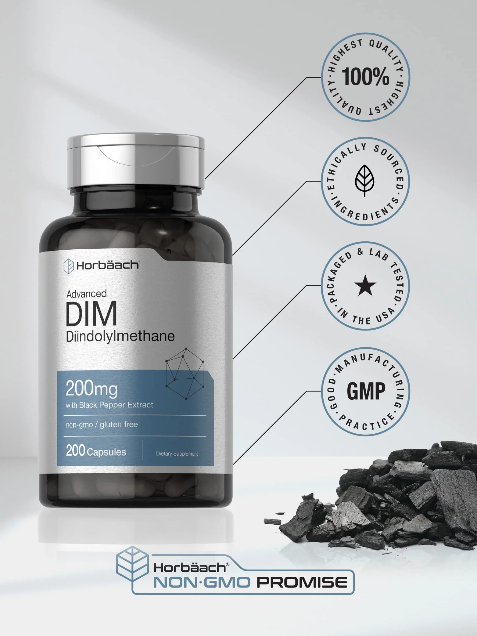 Horbäach DIM Supplement for Women and Men | 200mg | 200 Capsules | Advanced Diindolylmethane | with Black Pepper Extract | Non-GMO, Gluten Free - Image 4