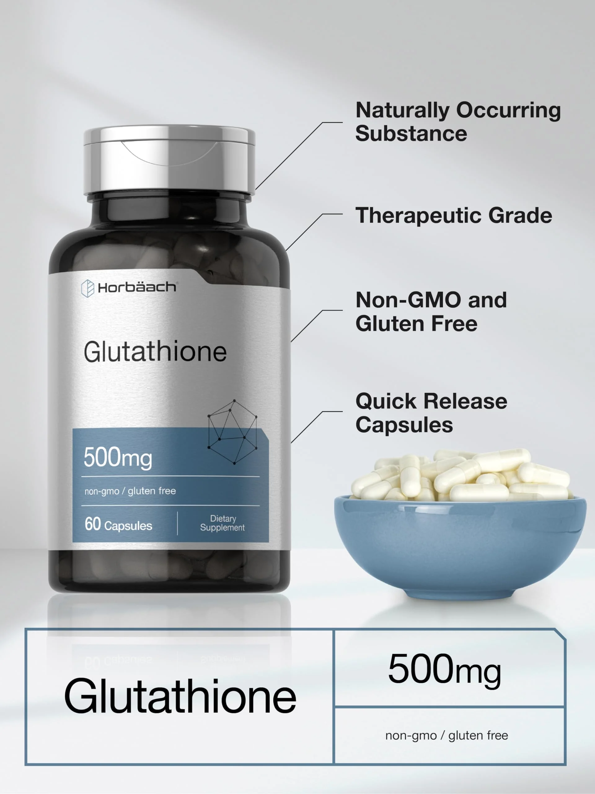 Horbäach Glutathione 500mg Reduced Supplement | 60 Capsules | Non-GMO & Gluten Free - Image 6